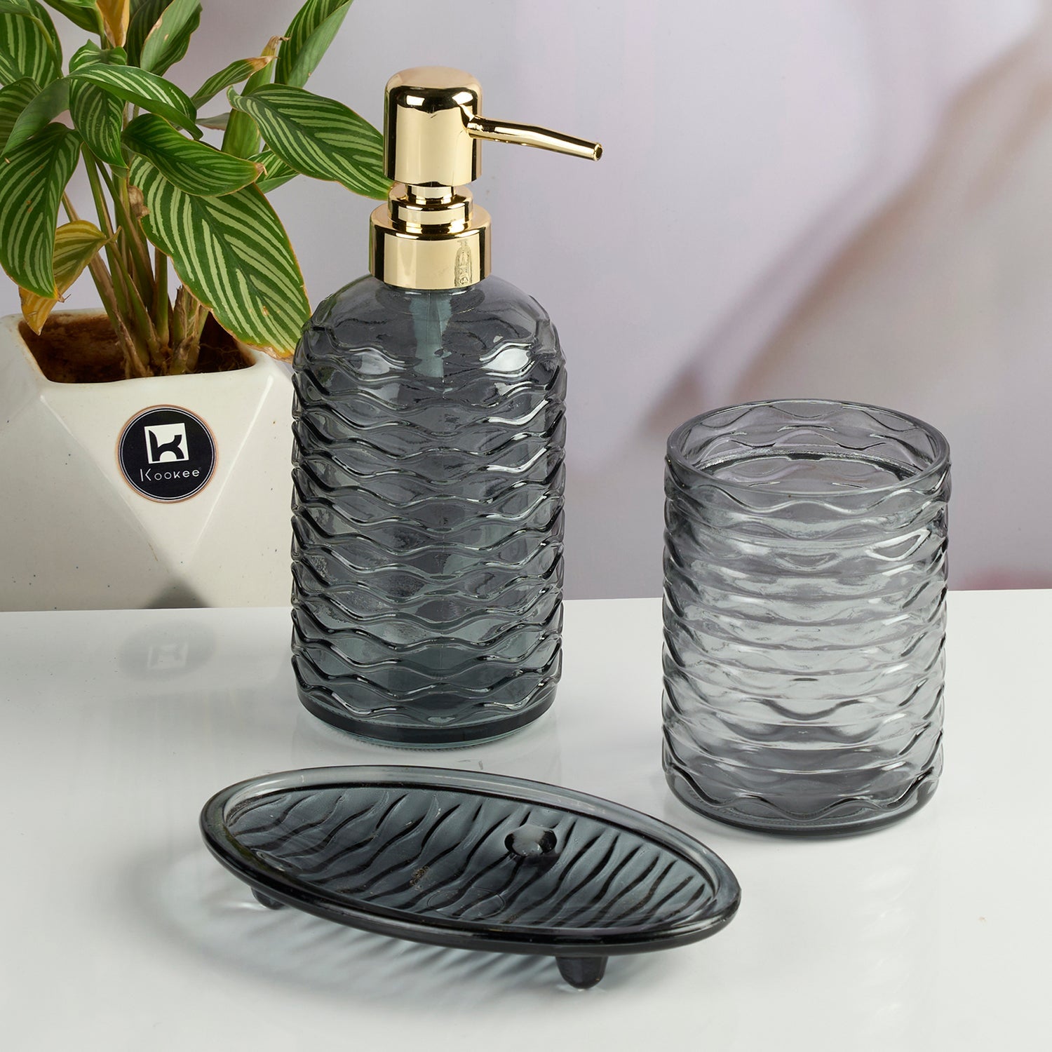 Glass Bathroom Accessories Set of 3 with Soap Dispenser, Grey (11564)