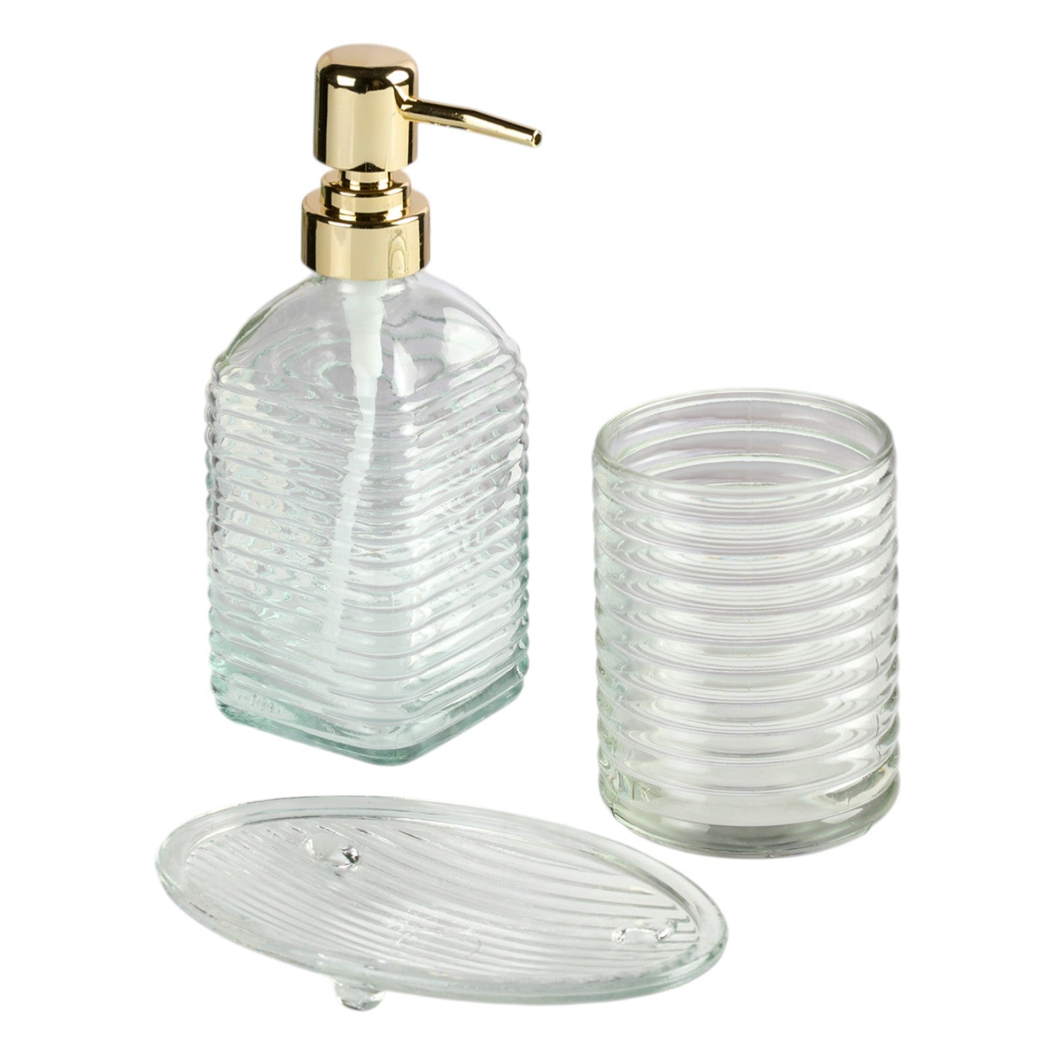 Glass Bathroom Accessories Set of 3 with Soap Dispenser, Transparent (11565)
