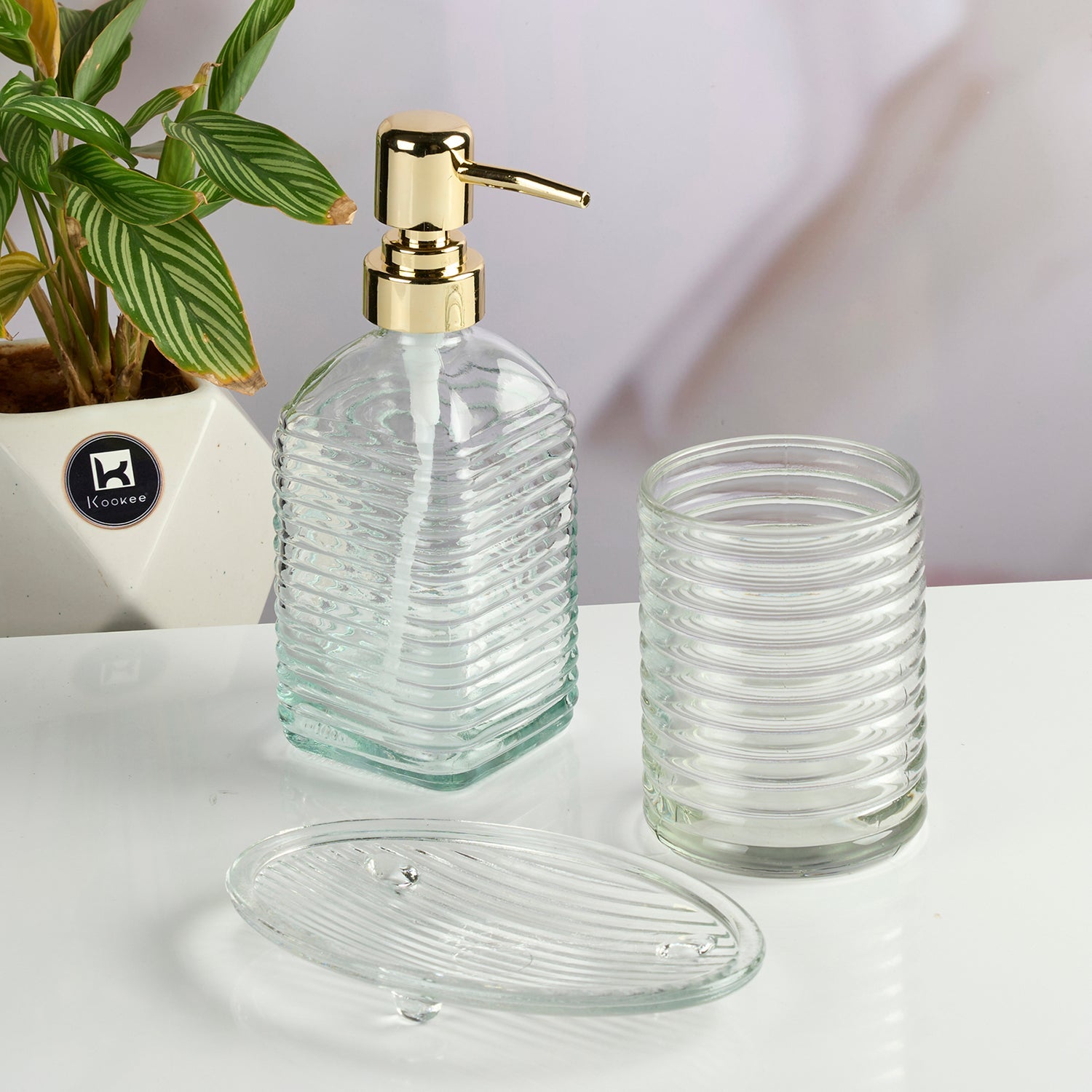 Glass Bathroom Accessories Set of 3 with Soap Dispenser, Transparent (11565)