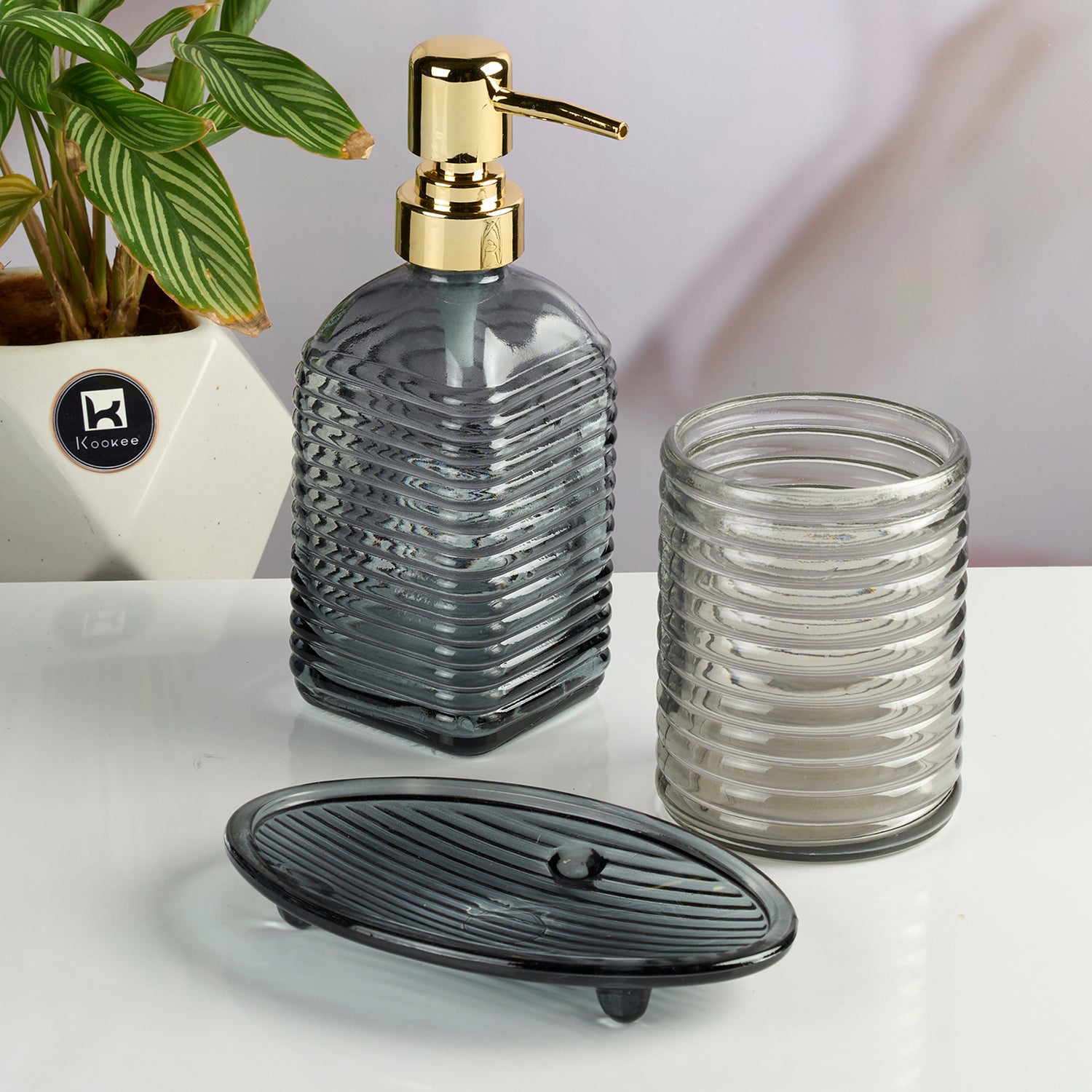 Glass Bathroom Accessories Set of 3 with Soap Dispenser, Grey( 11566)
