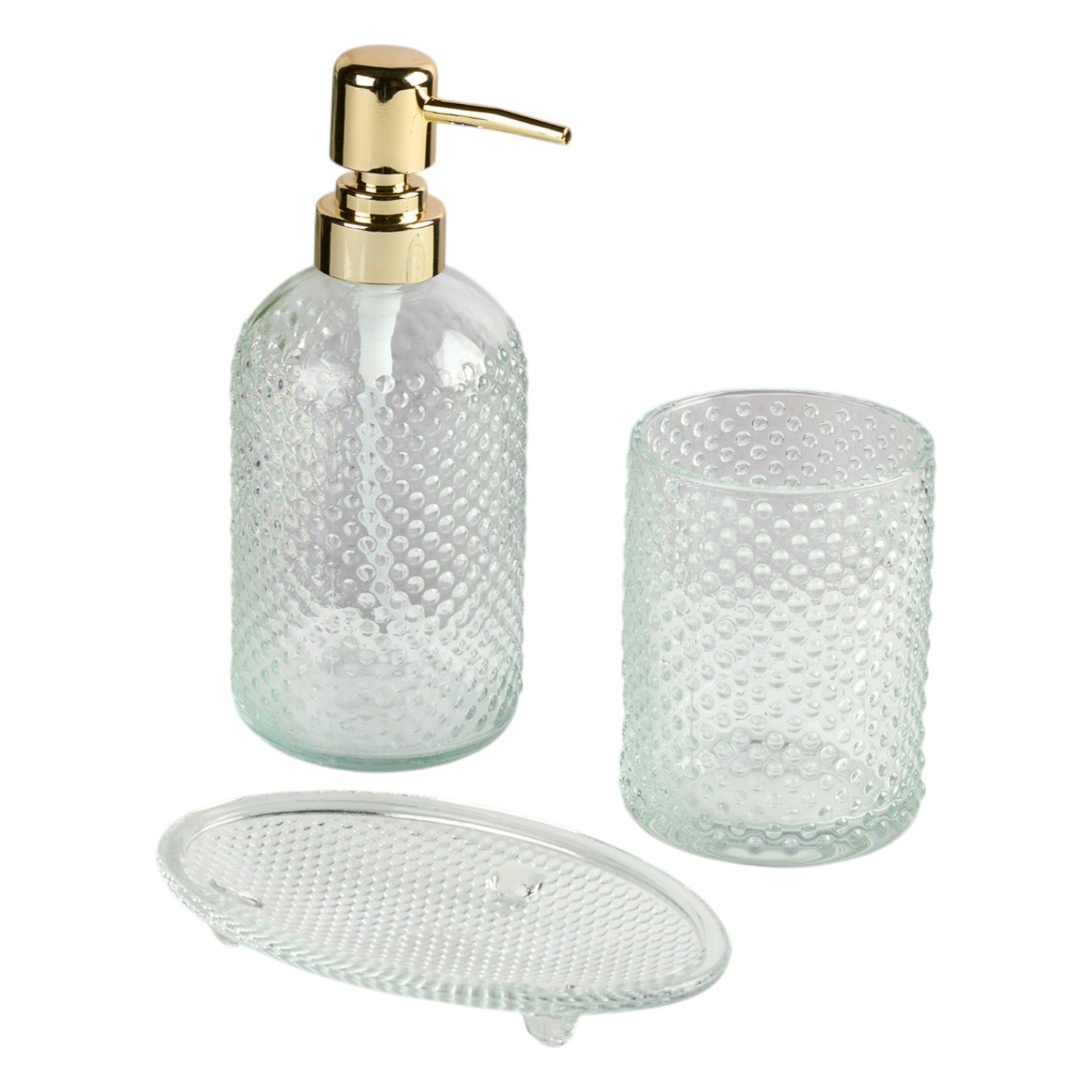 Glass Bathroom Accessories Set of 3 with Soap Dispenser, Transparent (11567)