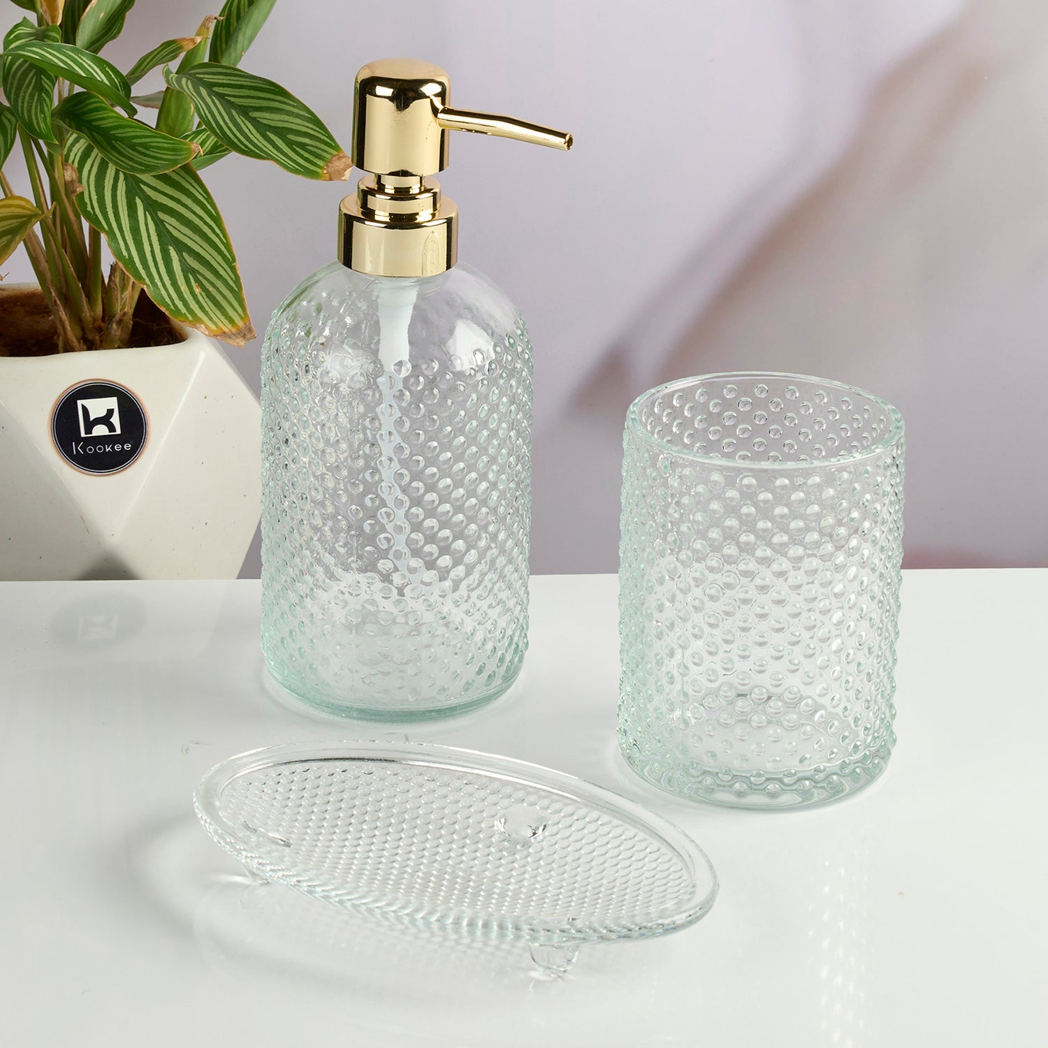 Glass Bathroom Accessories Set of 3 with Soap Dispenser, Transparent (11567)