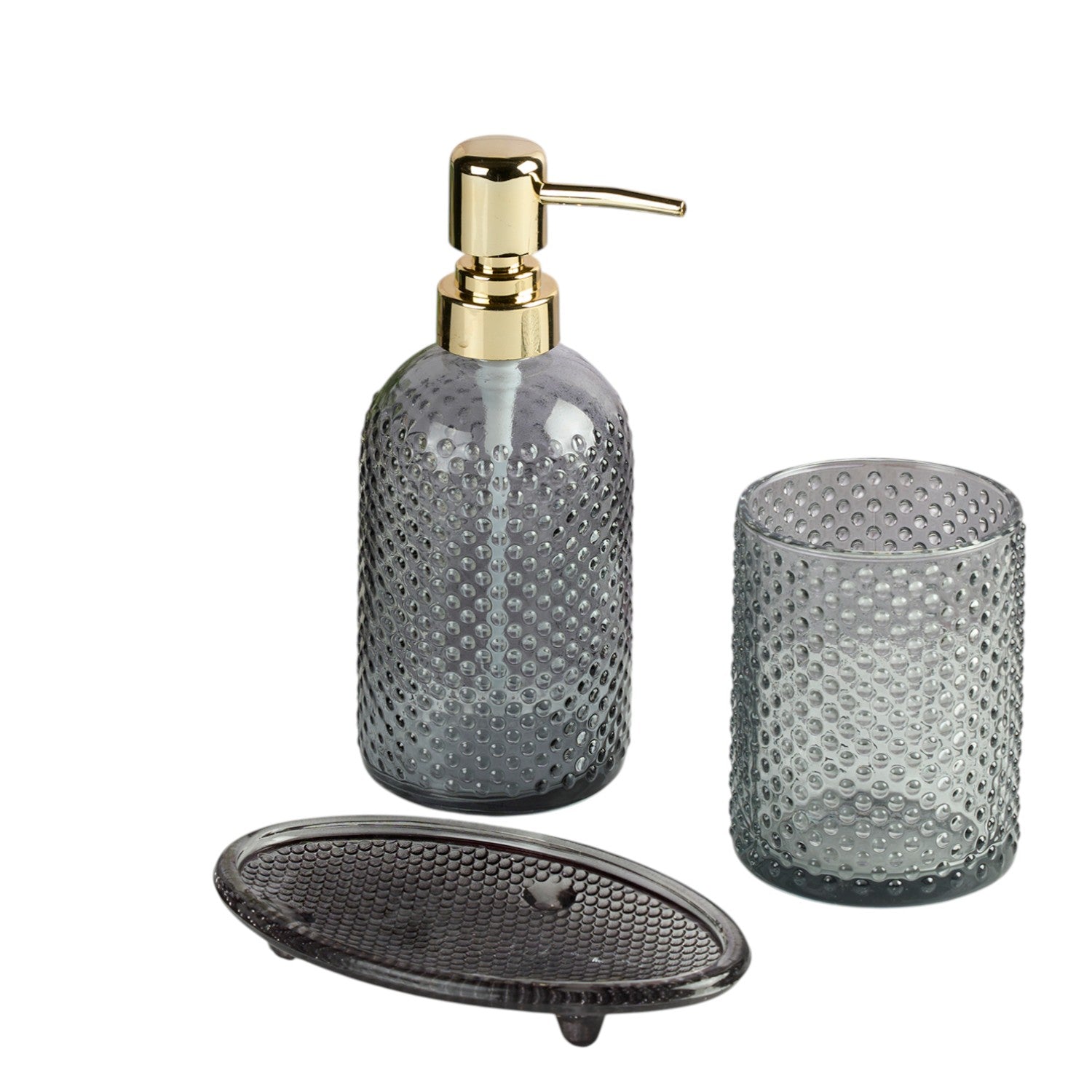 Glass Bathroom Accessories Set of 3 with Soap Dispenser, Grey (11568)
