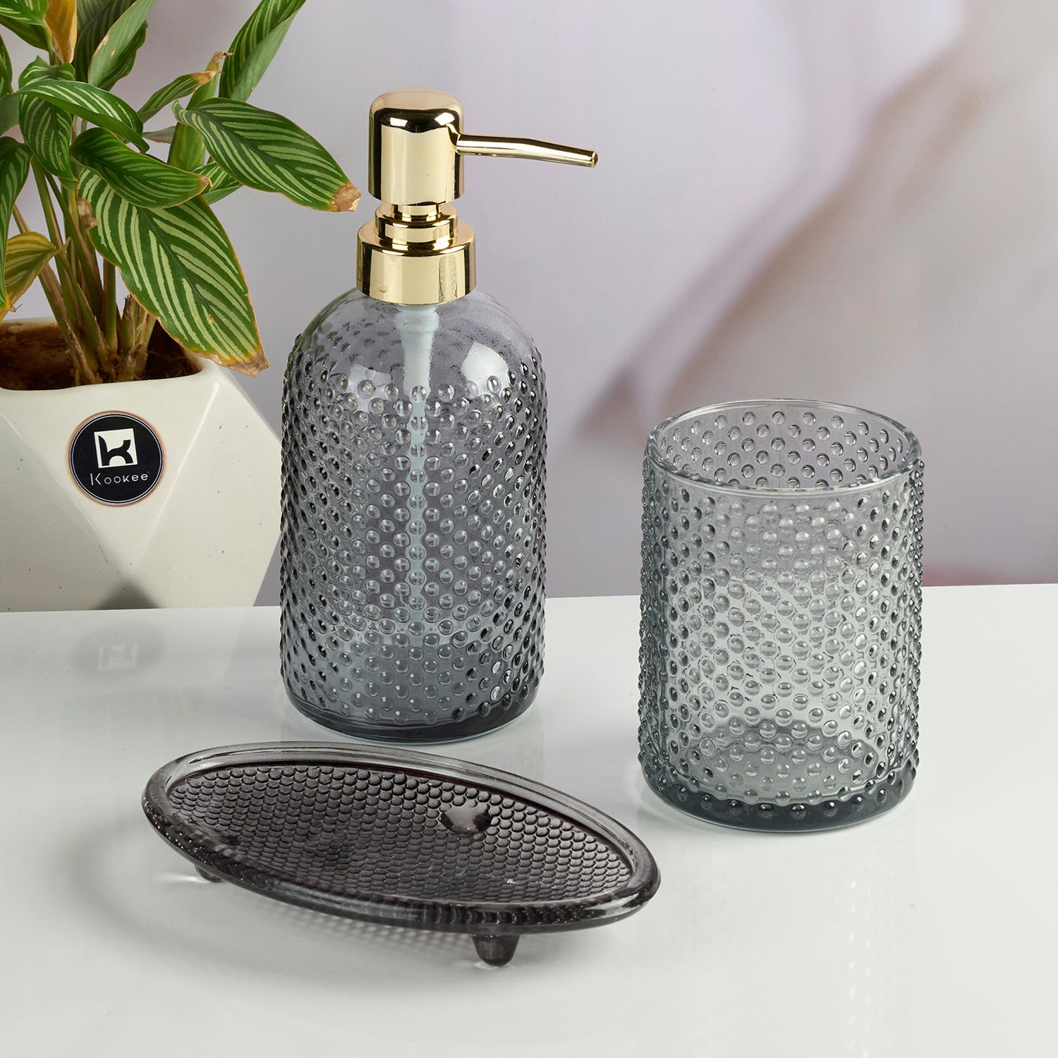 Glass Bathroom Accessories Set of 3 with Soap Dispenser, Grey (11568)