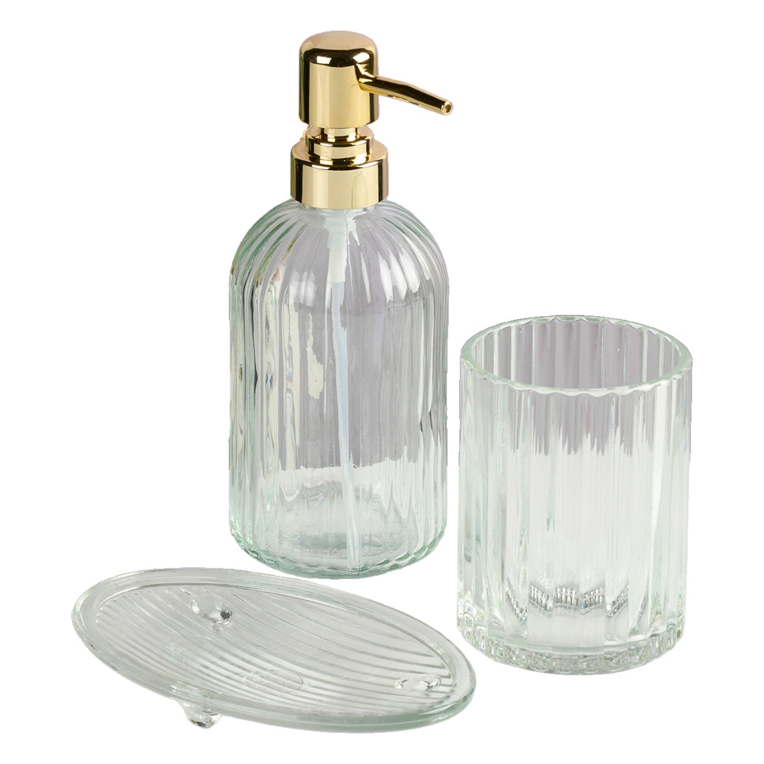 Glass Bathroom Accessories Set of 3 with Soap Dispenser, Transparent (11569)