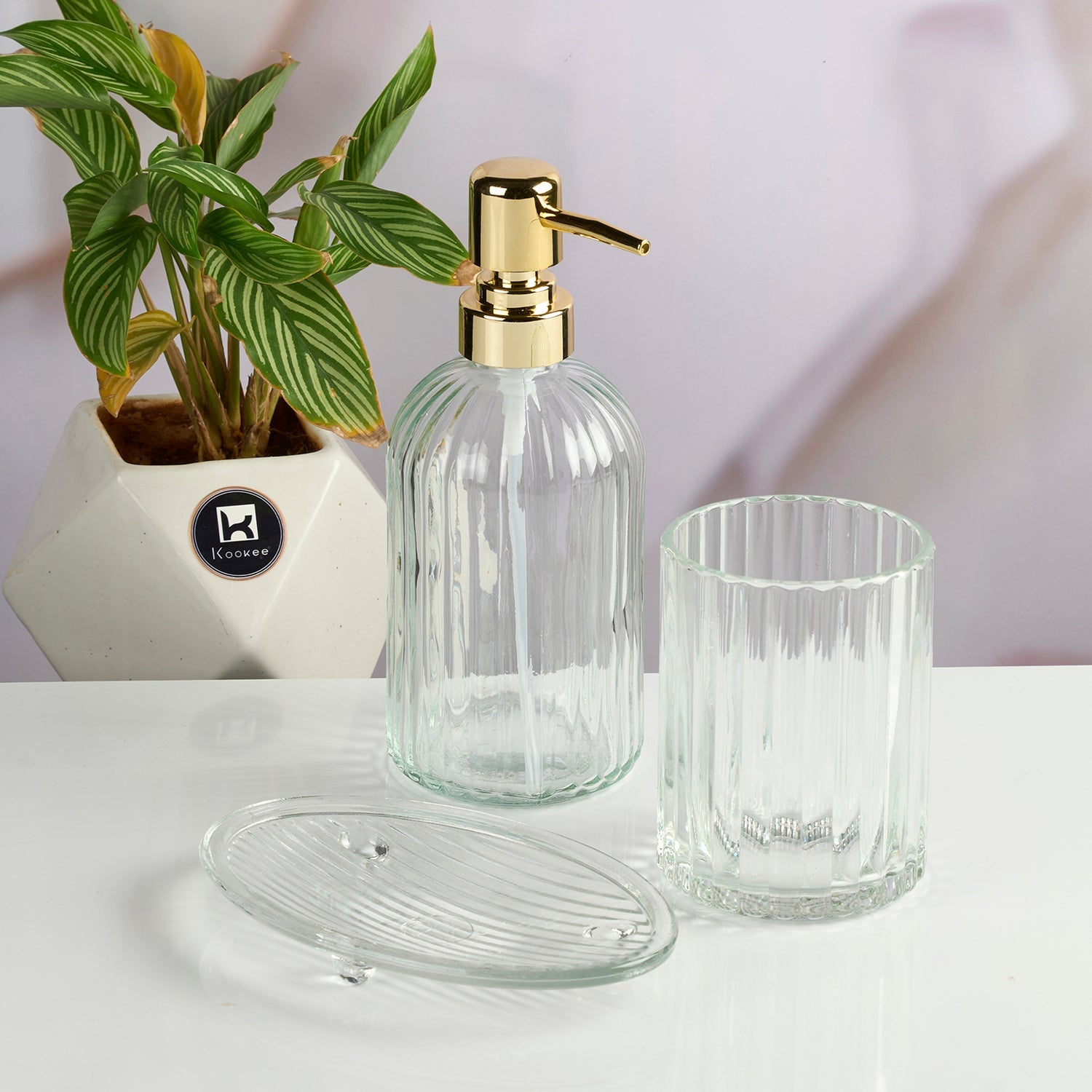 Glass Bathroom Accessories Set of 3 with Soap Dispenser, Transparent (11569)