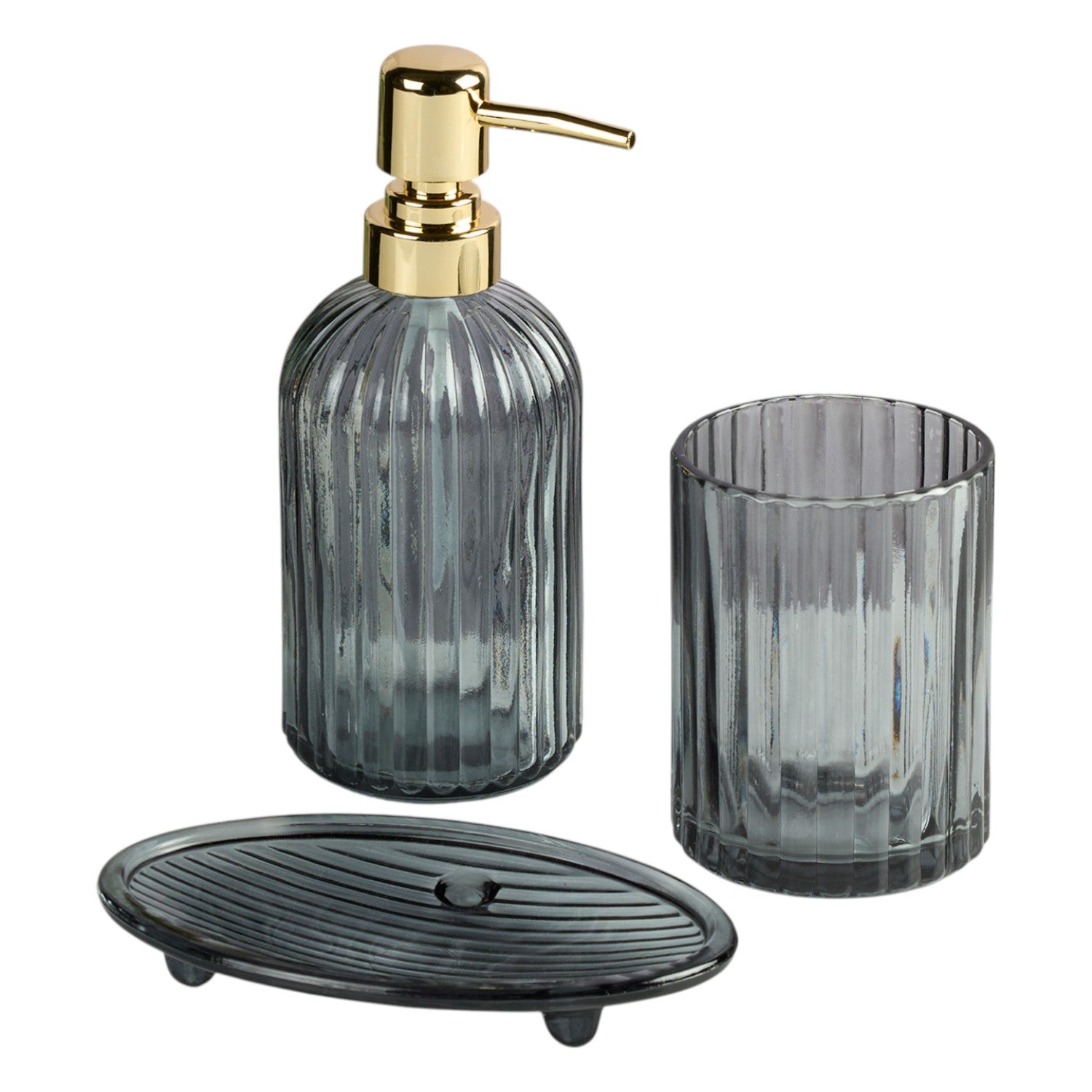 Glass Bathroom Accessories Set of 3 with Soap Dispenser, Grey (V-GBS-001-1)
