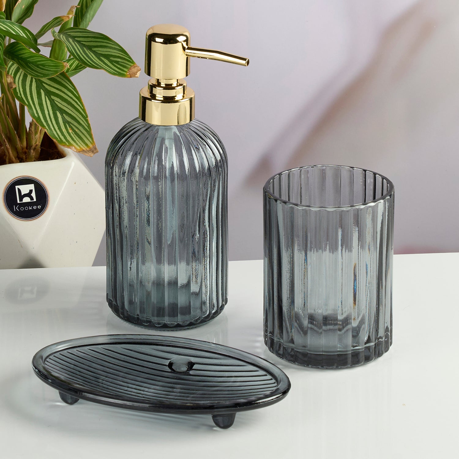 Glass Bathroom Accessories Set of 3 with Soap Dispenser, Grey (11570)