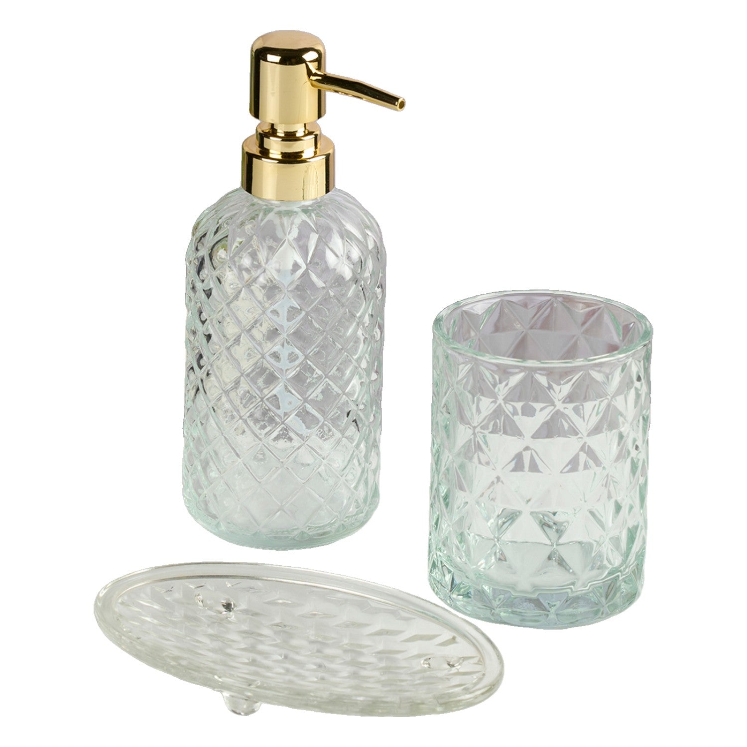 Glass Bathroom Accessories Set of 3 with Soap Dispenser, Transparent (V-GBS-001-3)
