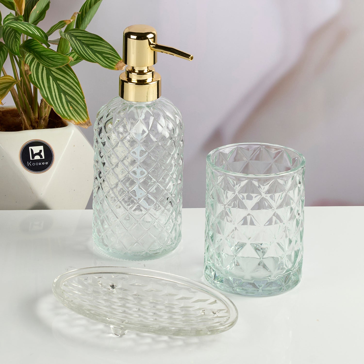 Glass Bathroom Accessories Set of 3 with Soap Dispenser, Transparent (11571)