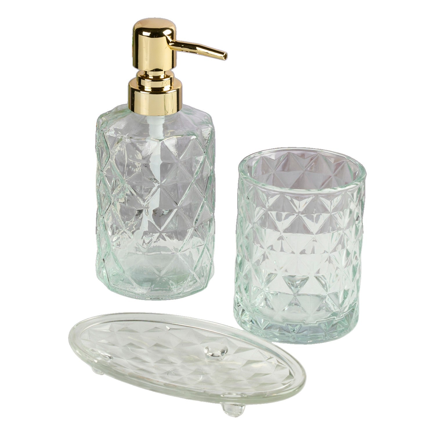 Glass Bathroom Accessories Set of 3 with Soap Dispenser, Transparent (11572)