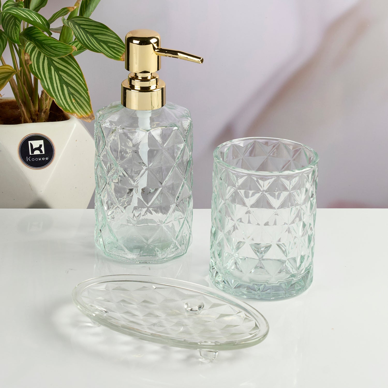 Glass Bathroom Accessories Set of 3 with Soap Dispenser, Transparent (11572)