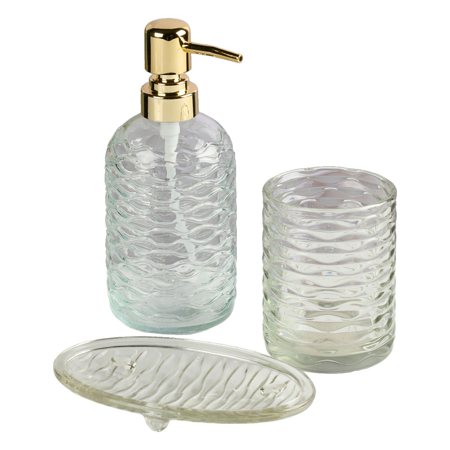 Glass Bathroom Accessories Set of 3 with Soap Dispenser, Transparent (11573)