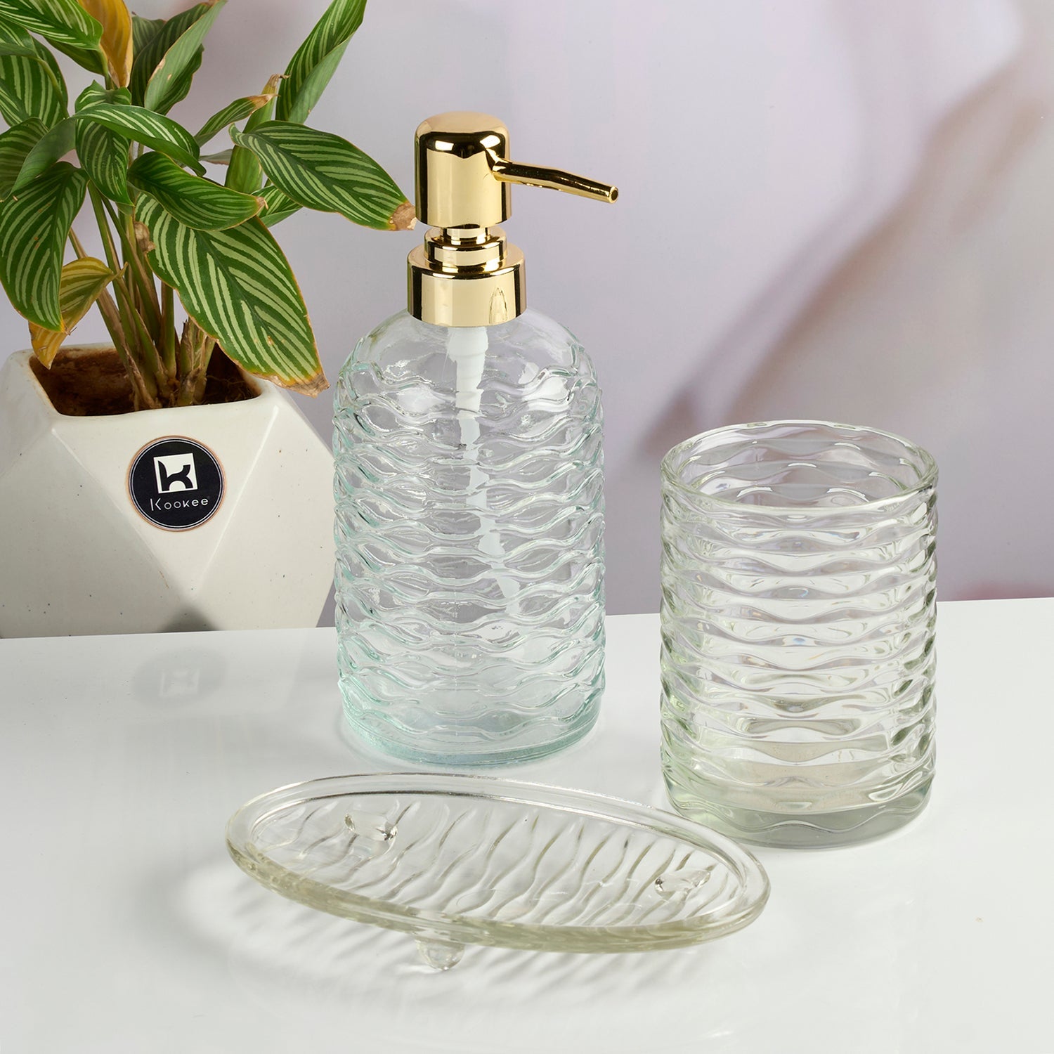 Glass Bathroom Accessories Set of 3 with Soap Dispenser, Transparent (11573)