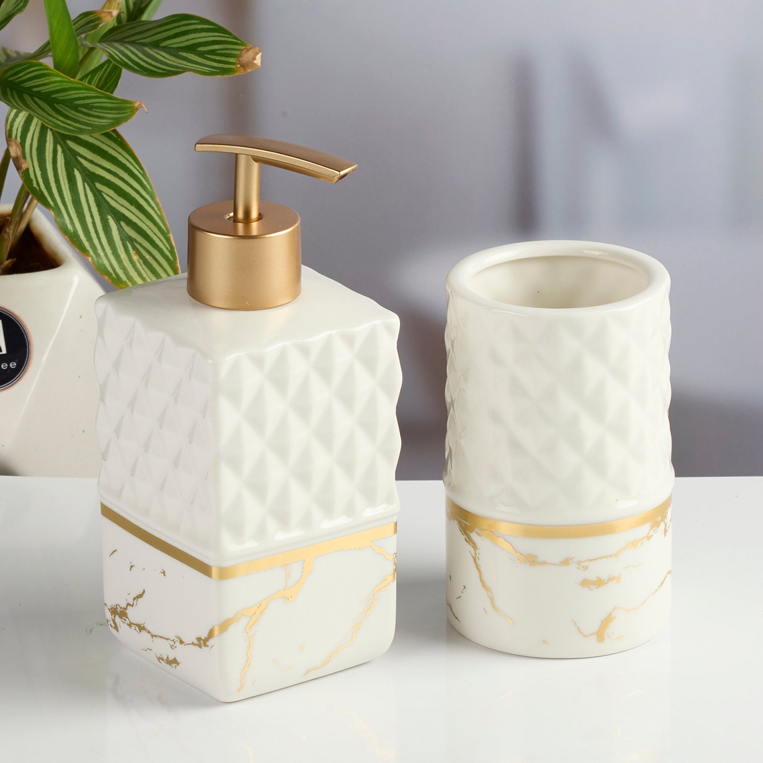 Ceramic Bathroom Accessories Set of 2 with Soap Dispenser, White (11578)