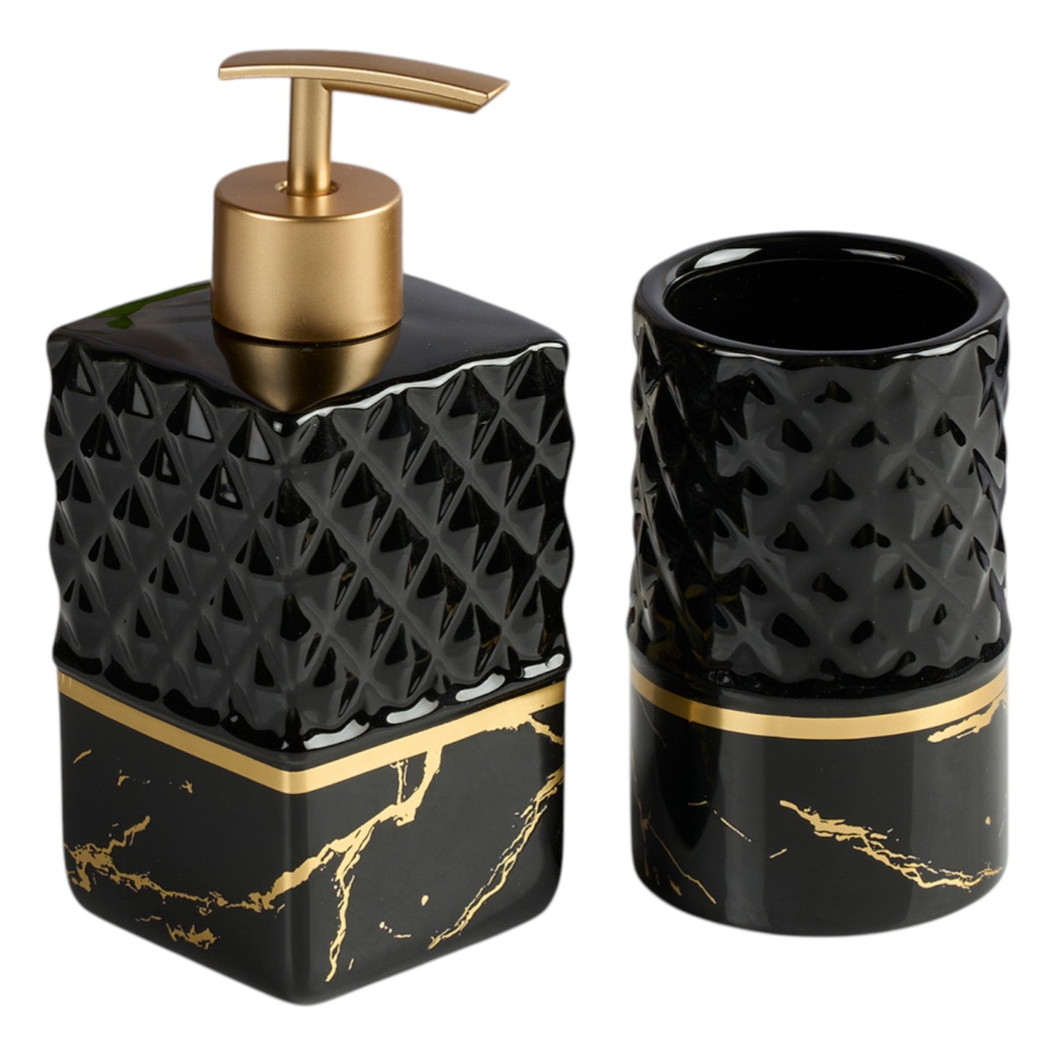 Ceramic Bathroom Accessories Set of 2 with Soap Dispenser, Black (V-CBS-003-15)