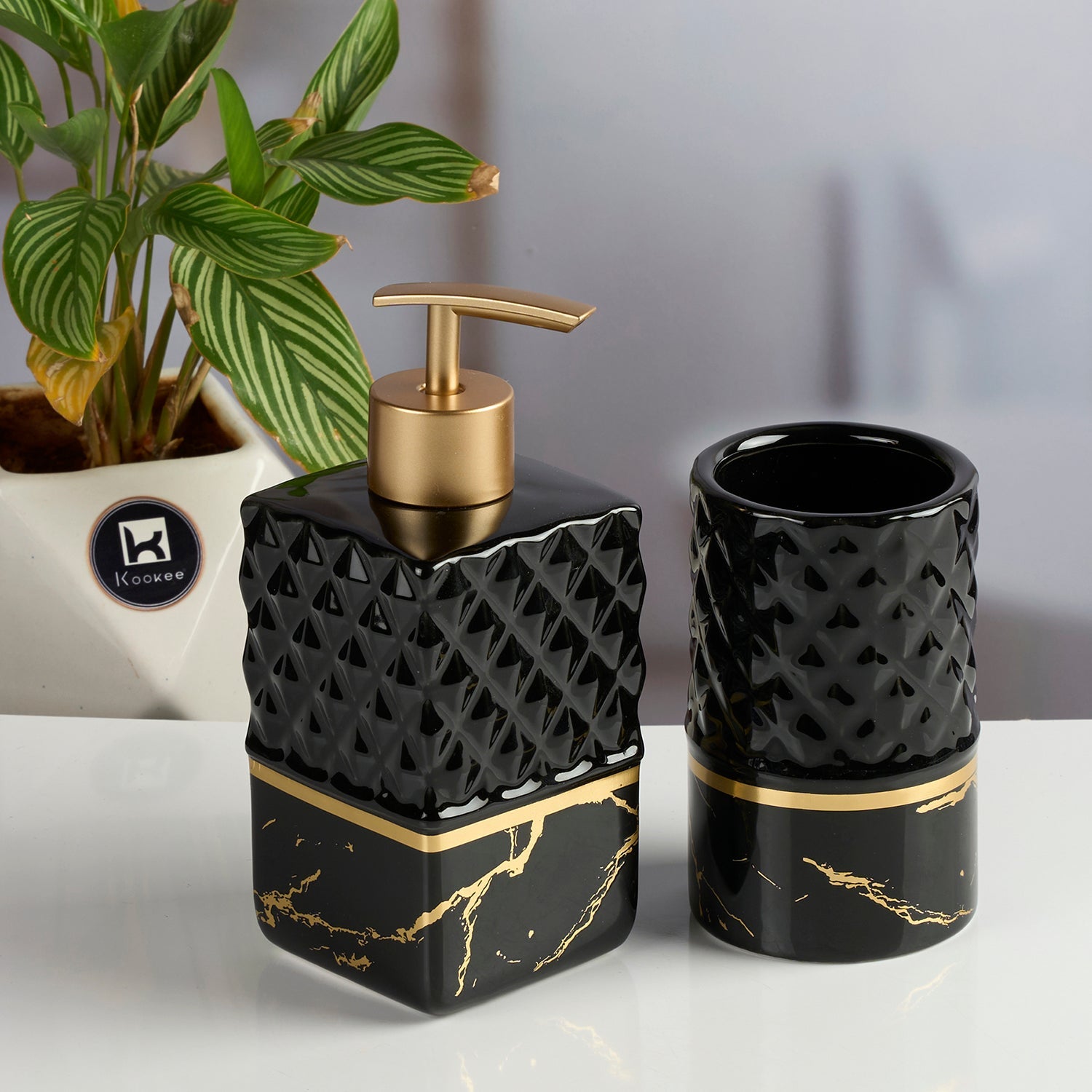 Ceramic Bathroom Accessories Set of 2 with Soap Dispenser, Black (11579)