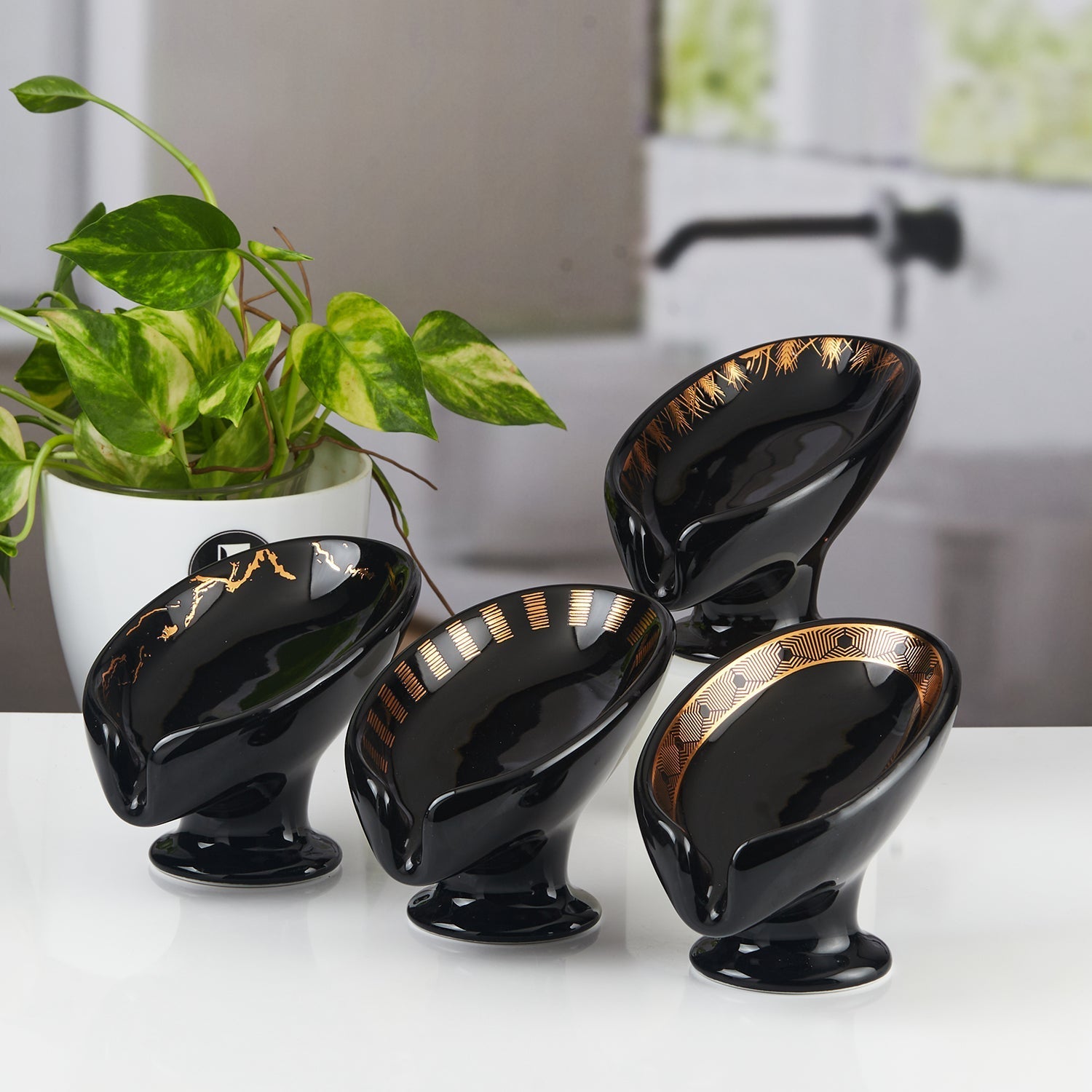 Ceramic Soap Dish Set of 4 Bathroom Accessories for Home, Black (11619)