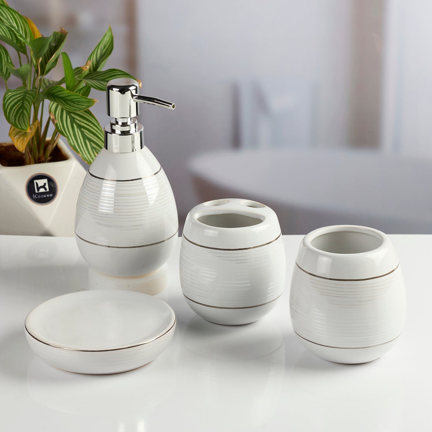 Ceramic Bathroom Accessories Set of 4, Modern Bath Set with Liquid handwash Soap Dispenser and Toothbrush holder, Luxury Gift Accessory for Home (11627)