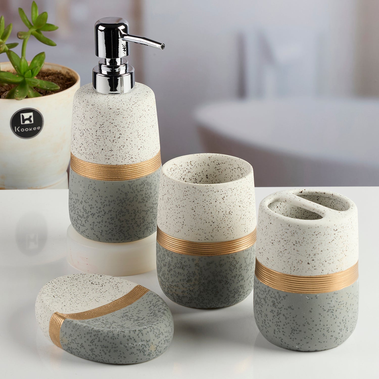 Ceramic Bathroom Accessories Set of 4 with Soap Dispenser (11984)
