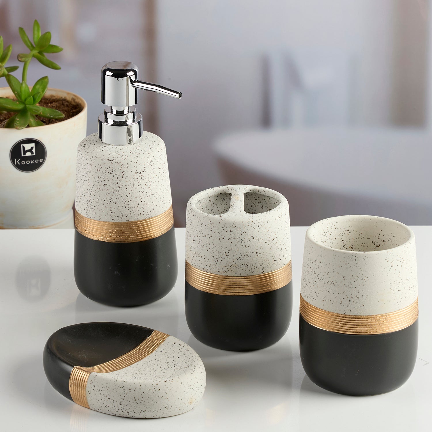 Ceramic Bathroom Accessories Set of 4 with Soap Dispenser (11985)
