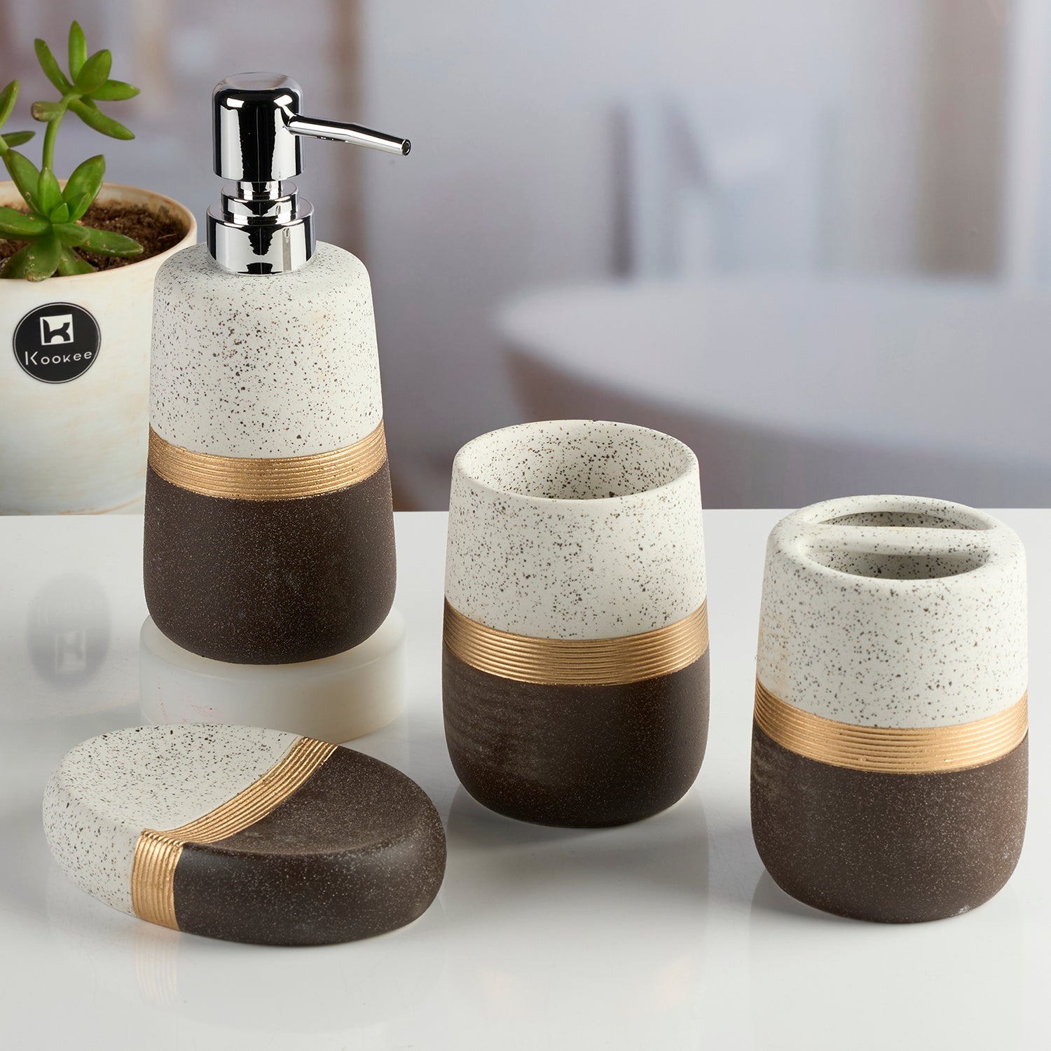 Ceramic Bathroom Accessories Set of 4 with Soap Dispenser (11986)