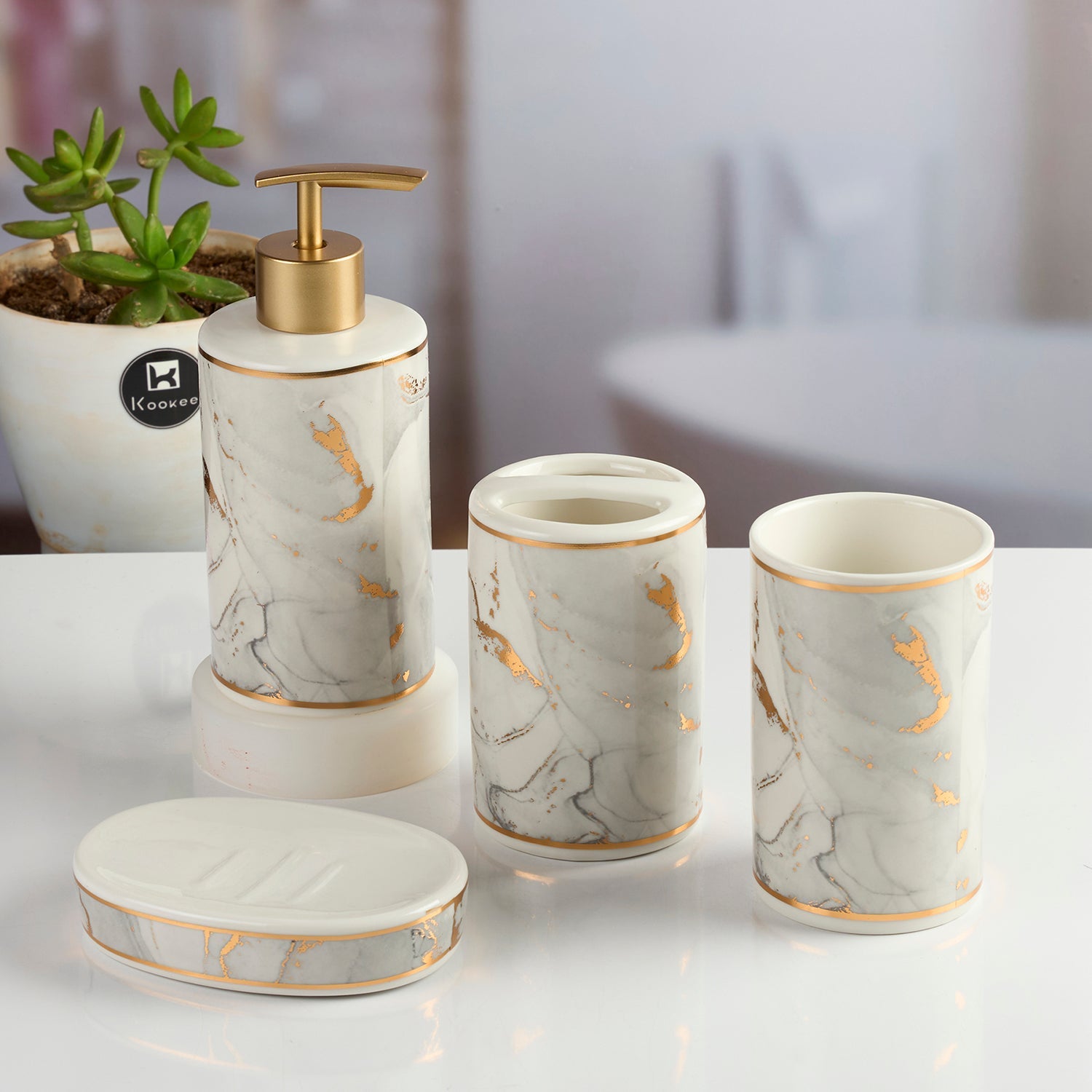 Ceramic Bathroom Accessories Set of 4 with Soap Dispenser (11987)