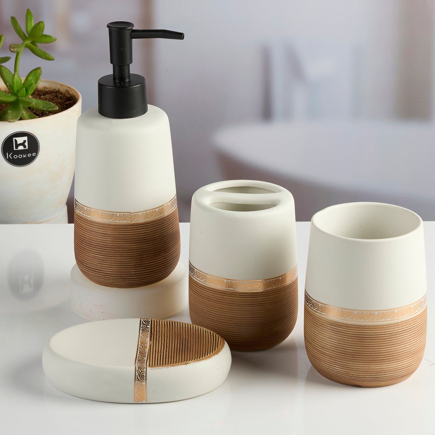 Ceramic Bathroom Accessories Set of 4 with Soap Dispenser (11988)