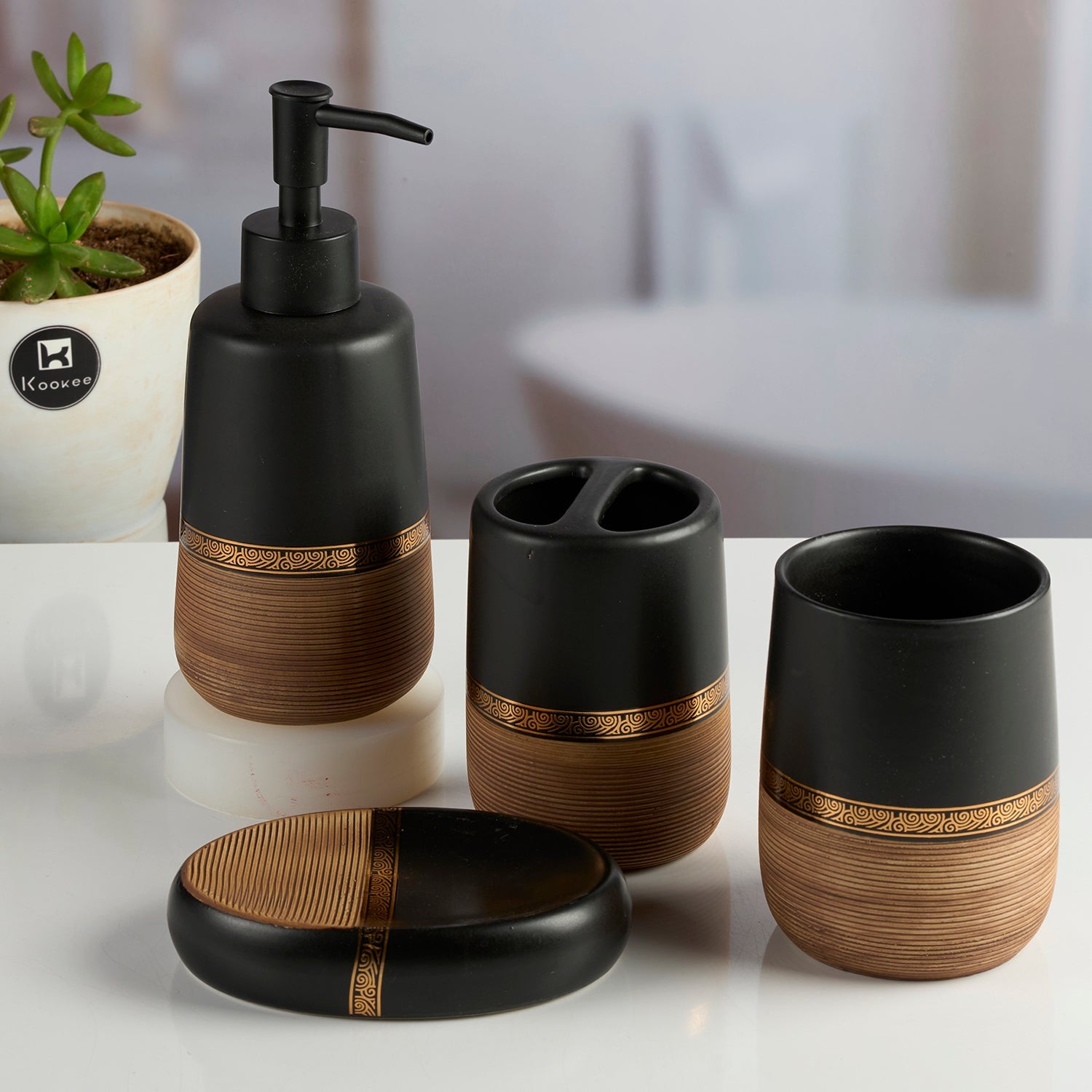Ceramic Bathroom Set of 4 with Soap Dispenser (11989)