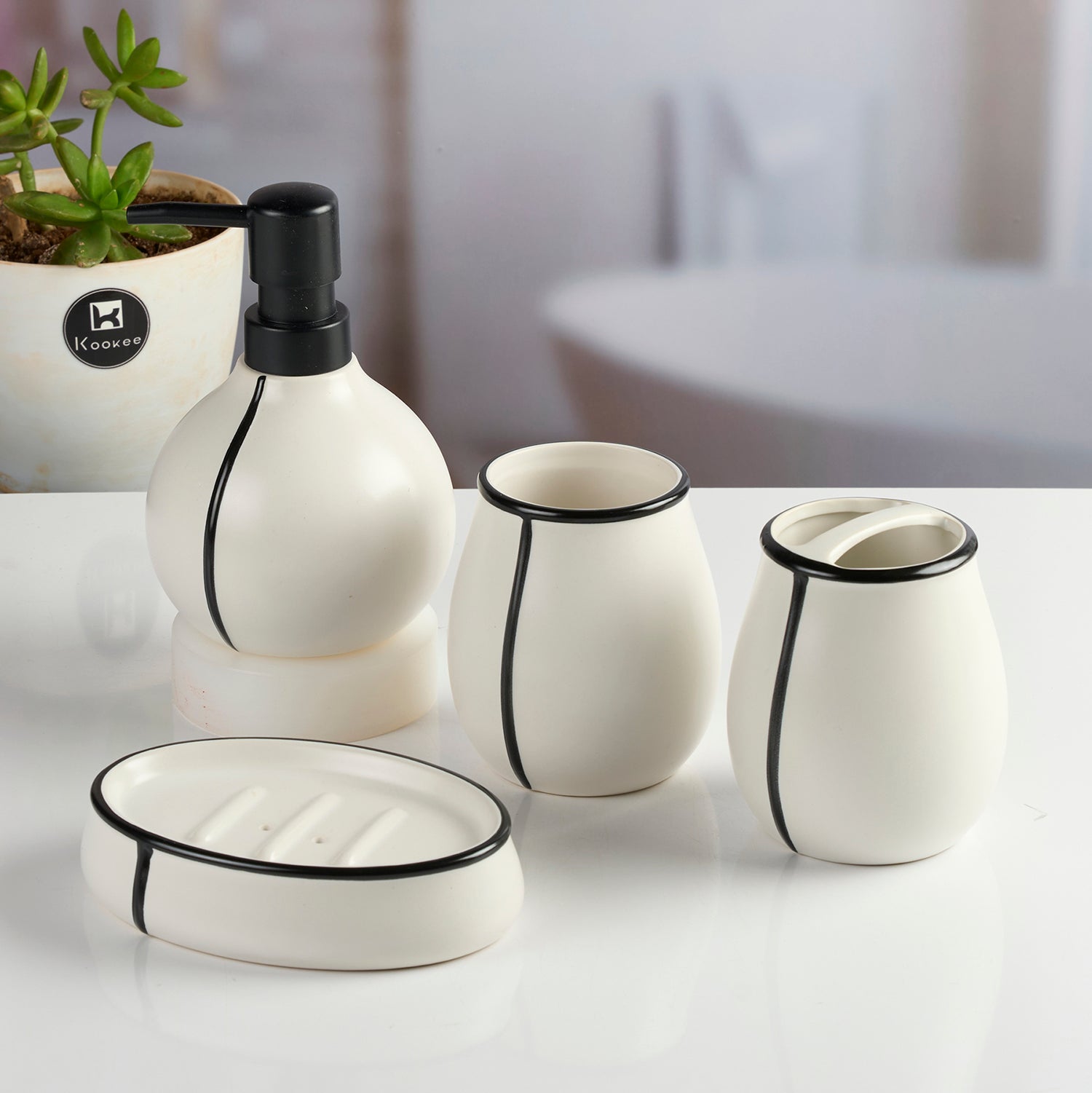 Ceramic Bathroom Accessories Set of 4 with Soap Dispenser (11991)