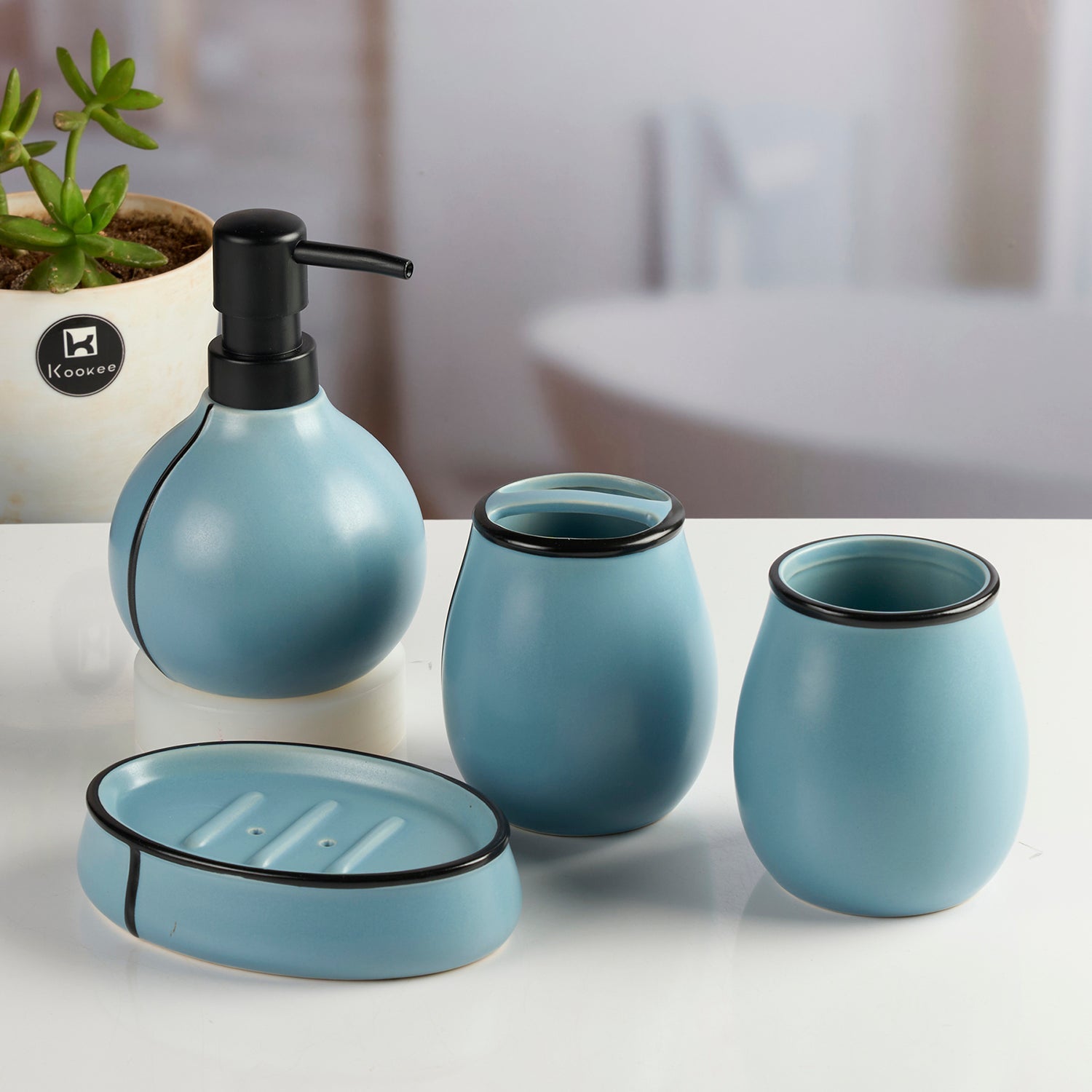 Ceramic Bathroom Accessories Set of 4 with Soap Dispenser (11992)