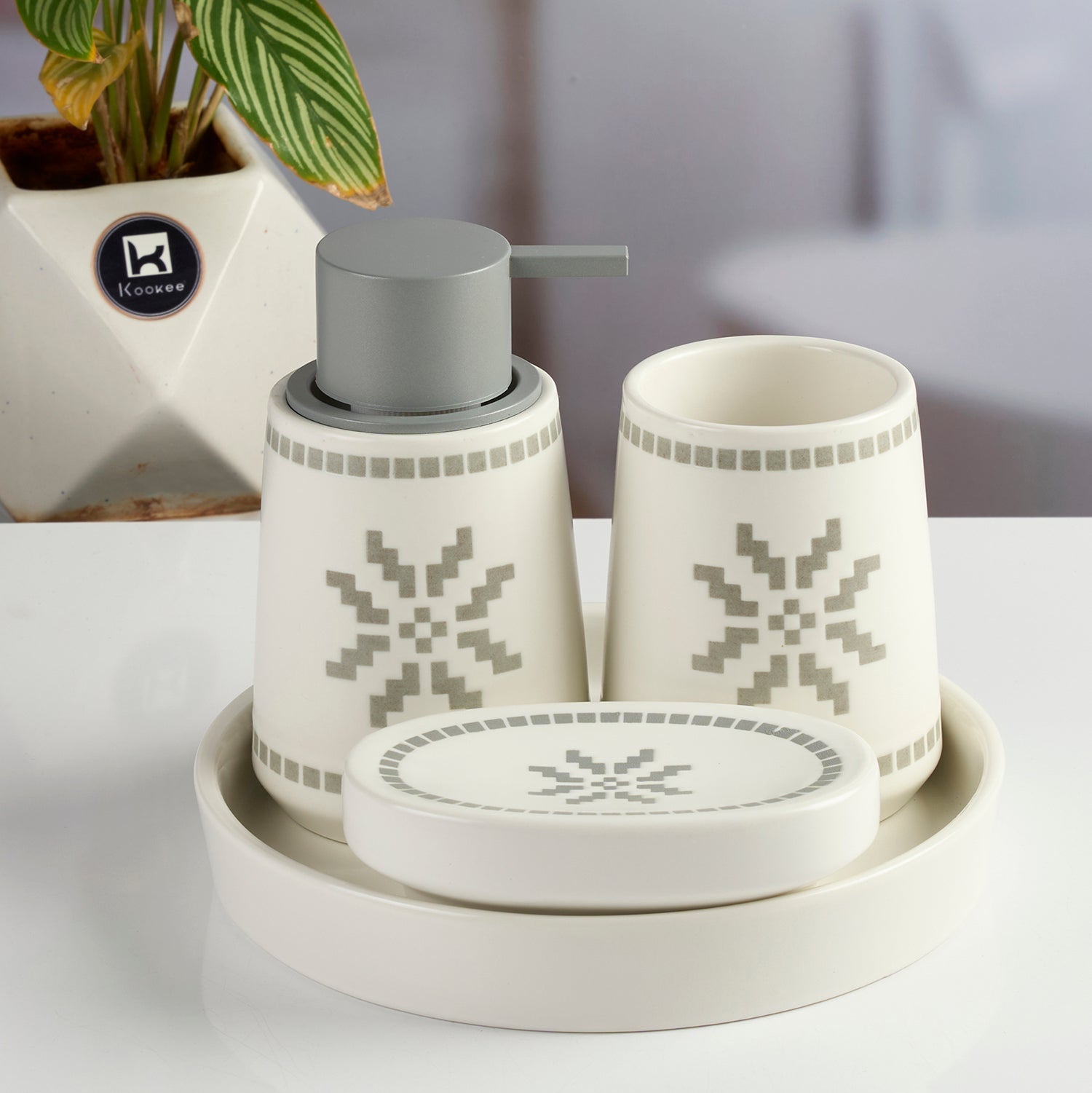 Ceramic Bathroom Accessories Set of 3 with Soap Dispenser & Tray (11993)