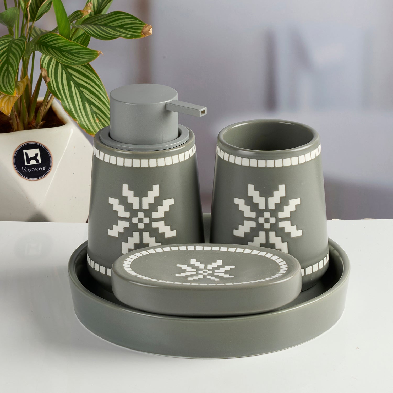 Ceramic Bathroom Accessories Set of 3 with Soap Dispenser & Tray (11994)