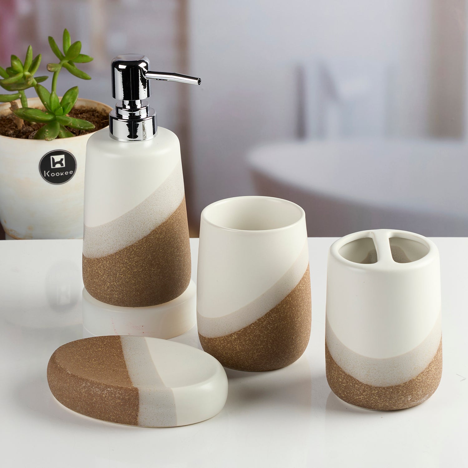 Ceramic Bathroom Accessories Set of 4 with Soap Dispenser (11995)