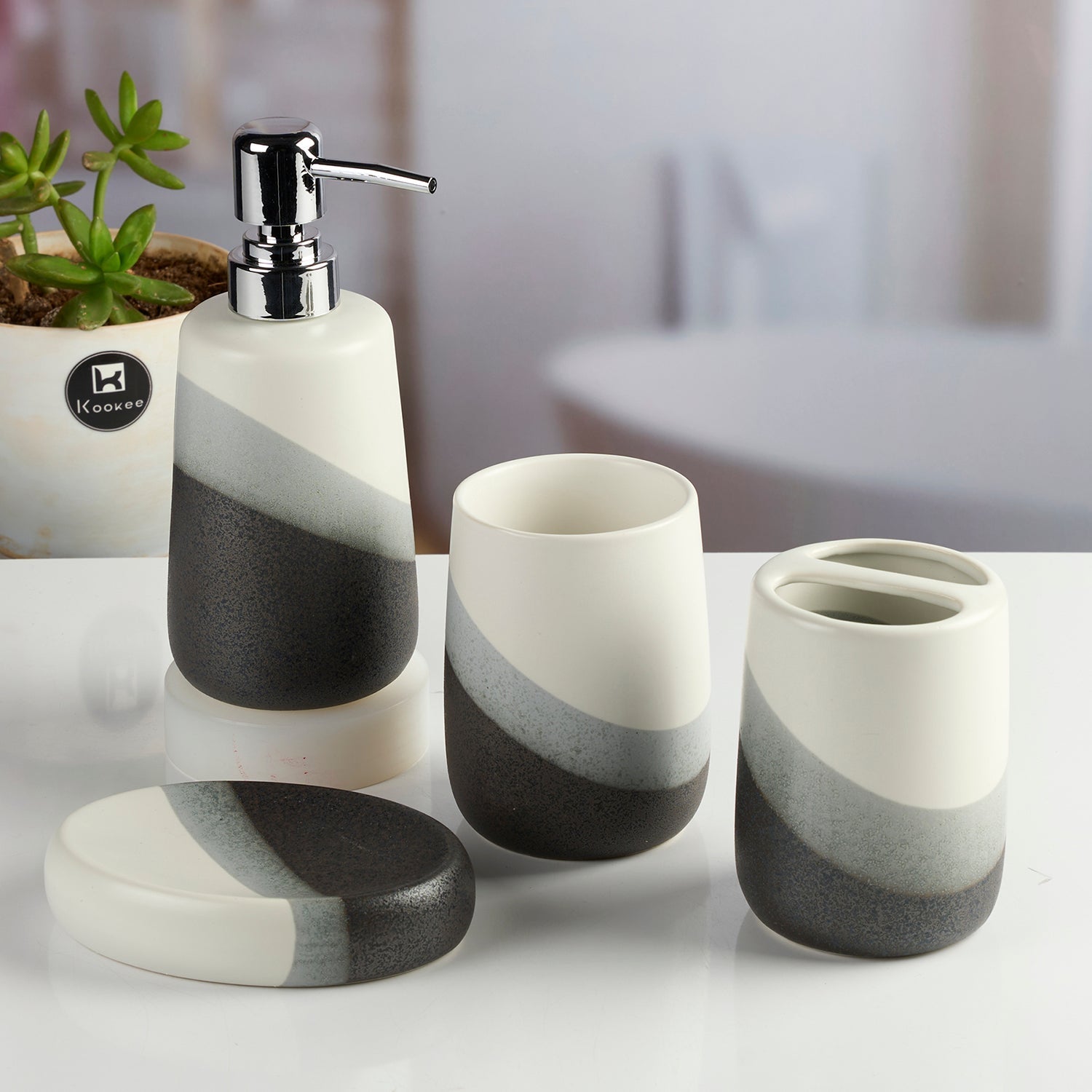 Ceramic Bathroom Accessories Set of 4 with Soap Dispenser (11996)