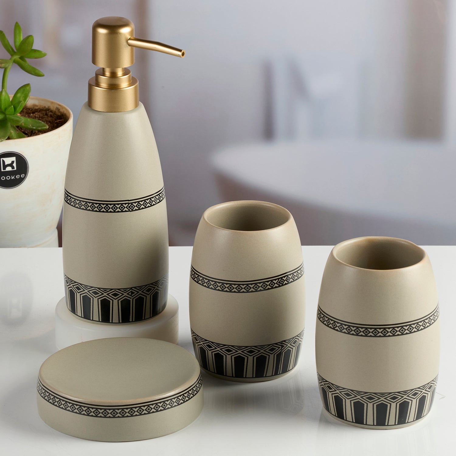 Ceramic Bathroom Accessories Set of 4 with Soap Dispenser (11998)