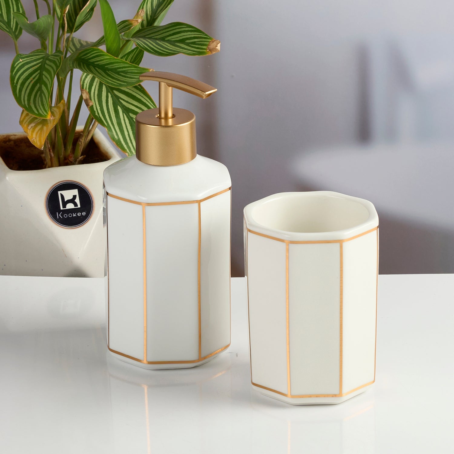 Ceramic Bathroom Accessories Set of 2 with Soap Dispenser, White (12082)