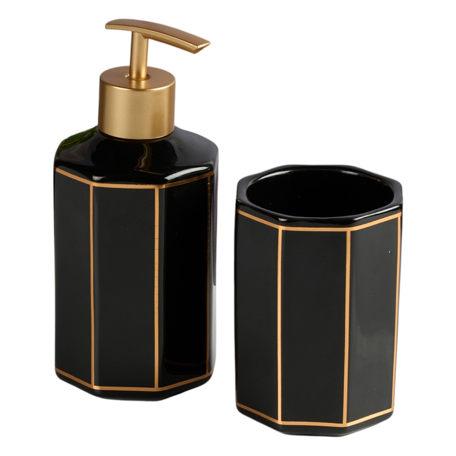 Ceramic Bathroom Accessories Set of 2 with Soap Dispenser, Black (V-CBS-003-16)