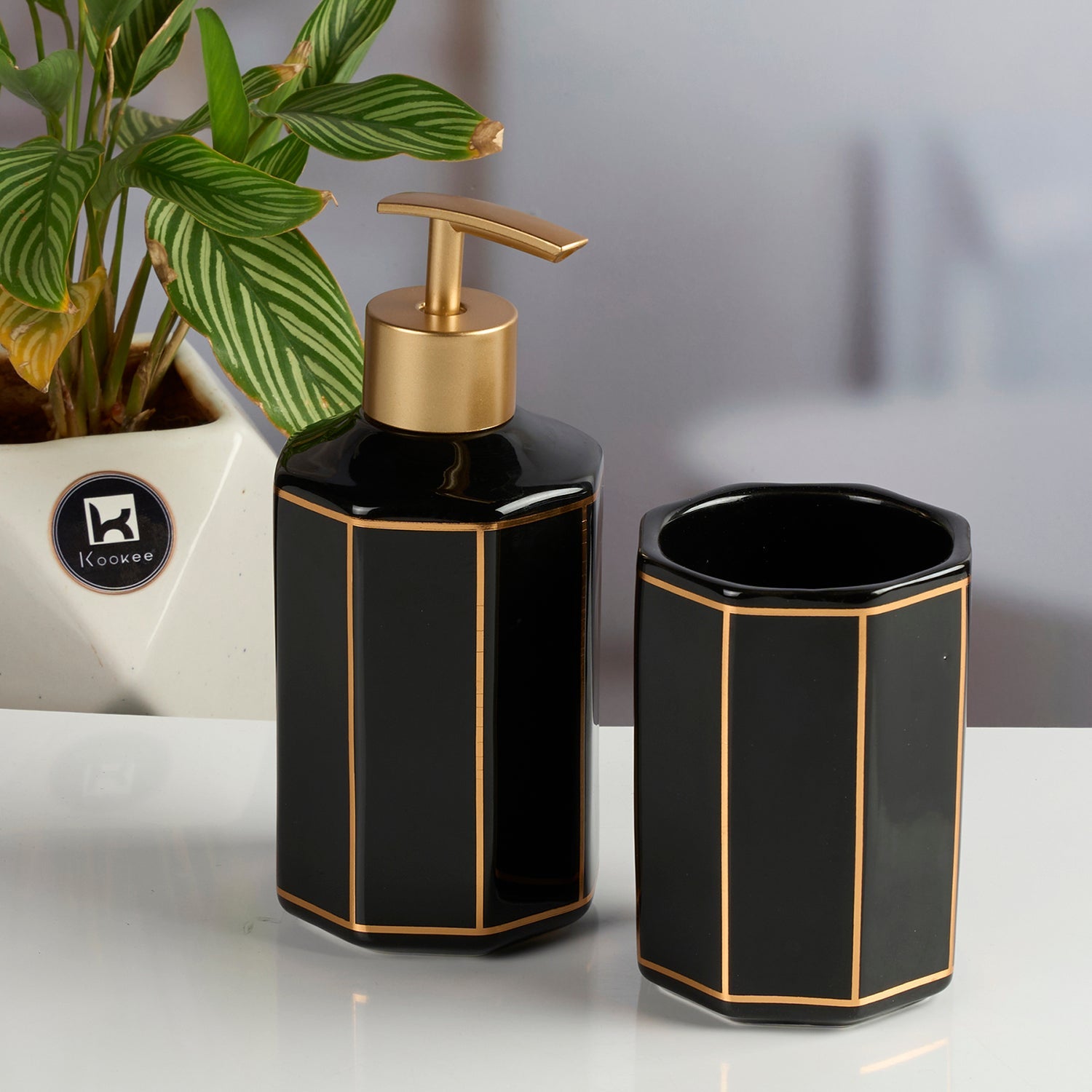 Ceramic Bathroom Accessories Set of 2 with Soap Dispenser, Black (12083)