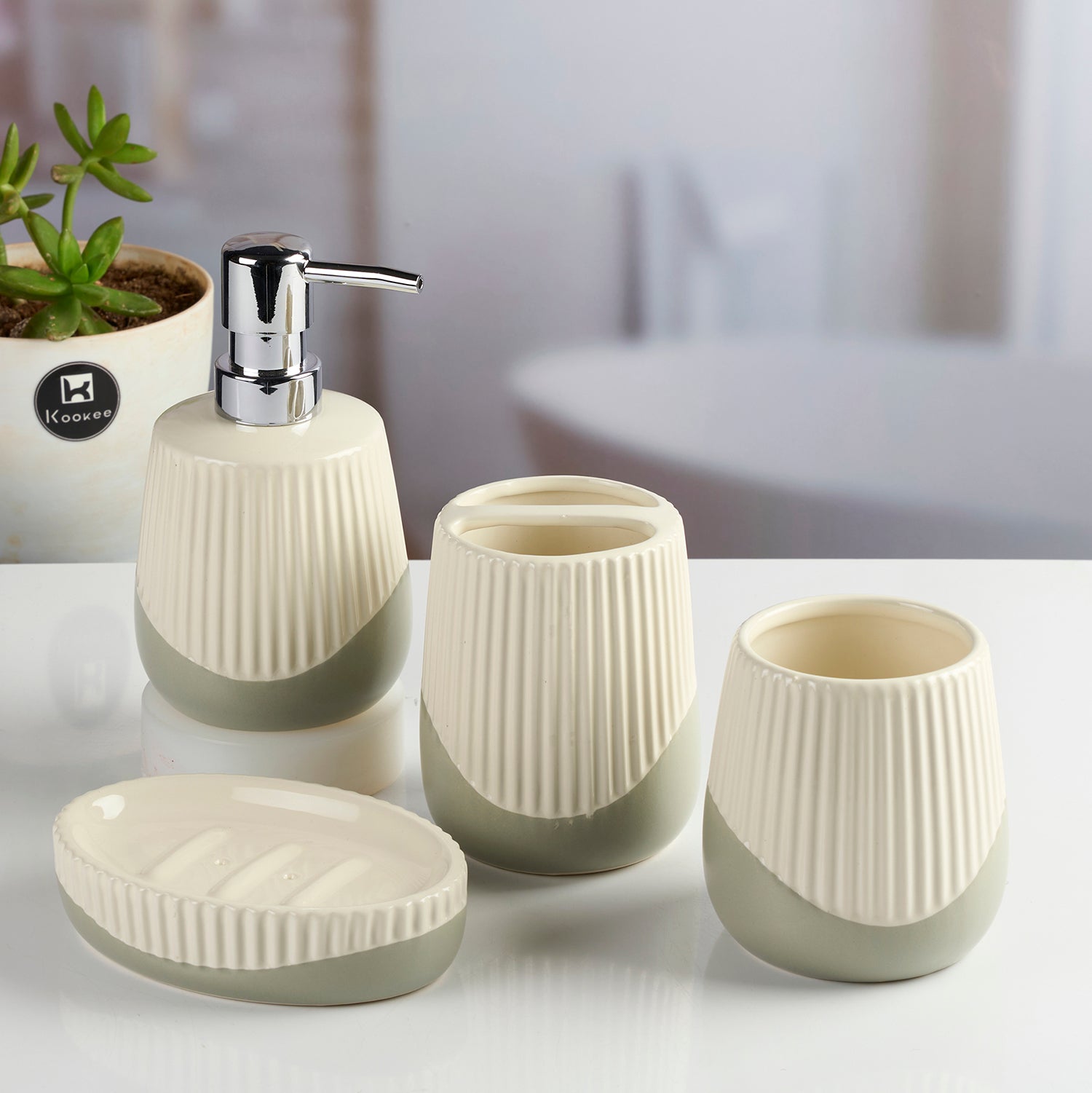 Ceramic Bathroom Accessories Set of 4 with Soap Dispenser (12099)