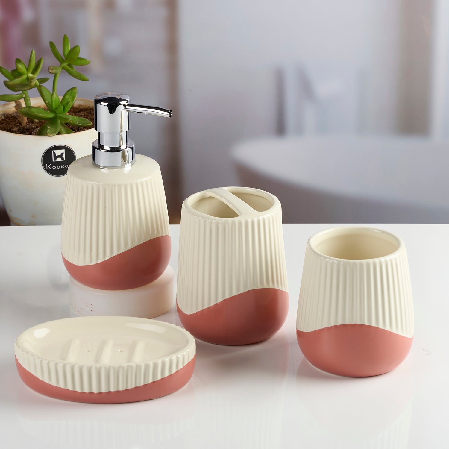 Ceramic Bathroom Accessories Set of 4 with Soap Dispenser (12100)