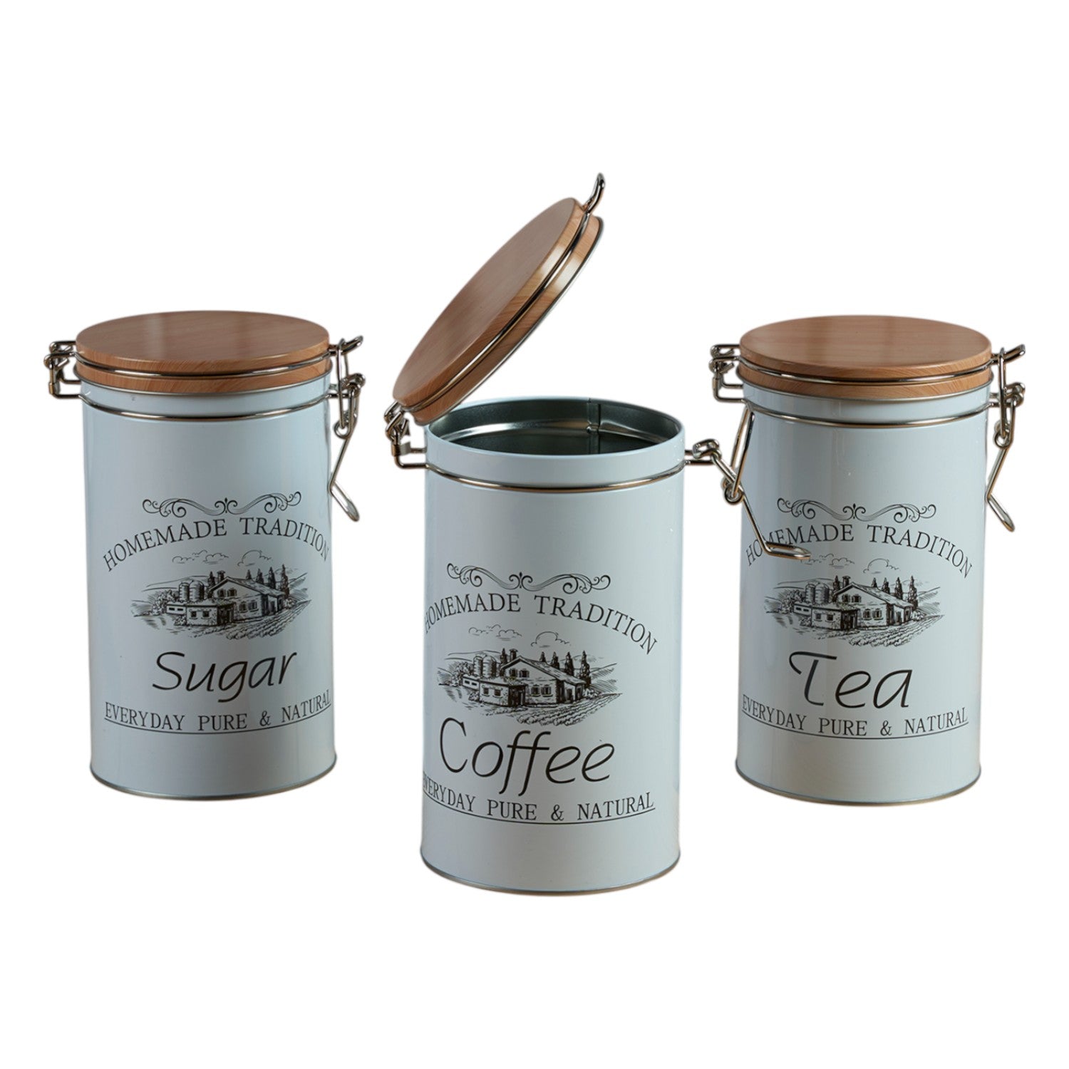 Tin Boxes Set of 3, Storage Tins for Tea, Sugar & Coffee, White (12102)