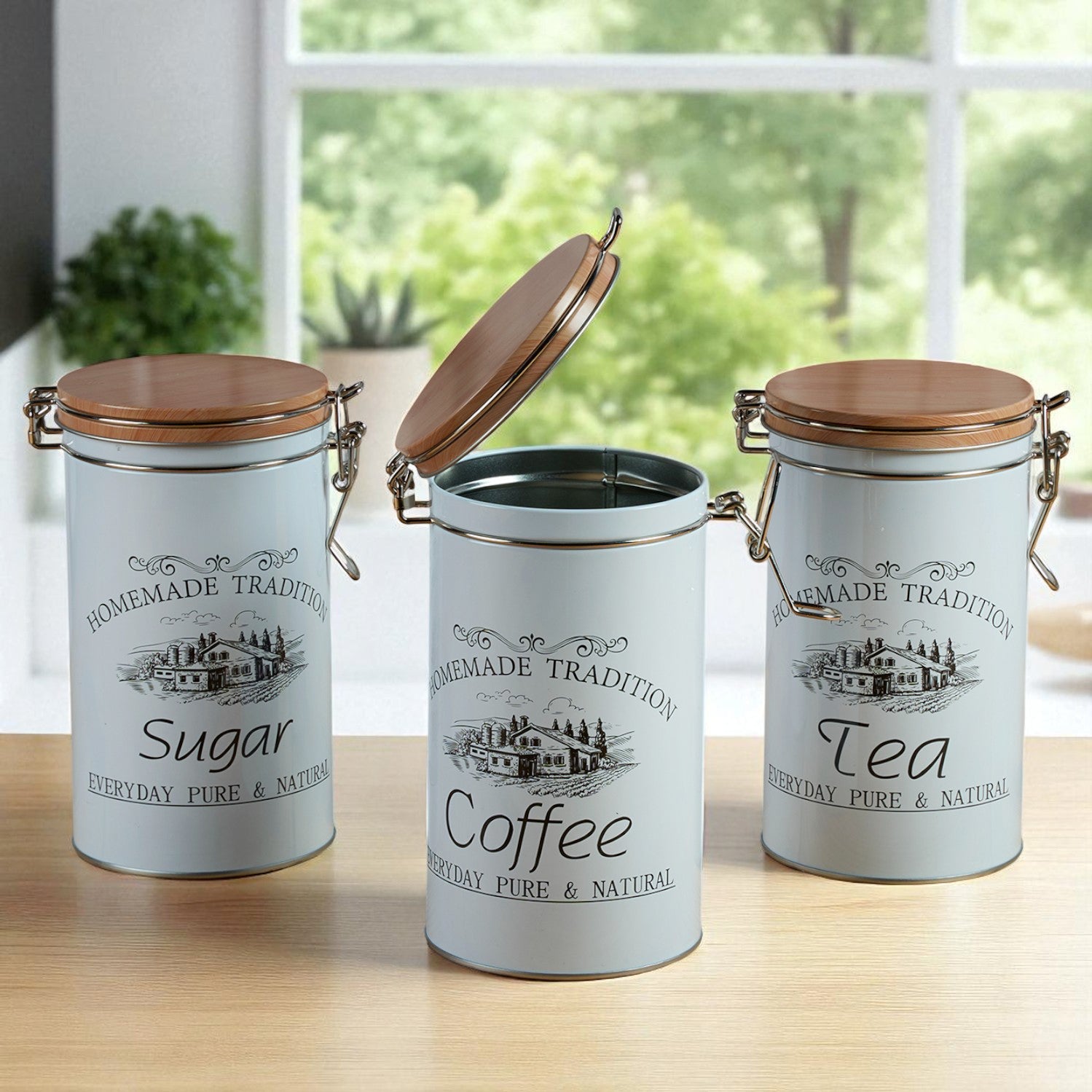 Tin Boxes Set of 3 – Storage Tins for Tea, Sugar & Coffee, White (12102)