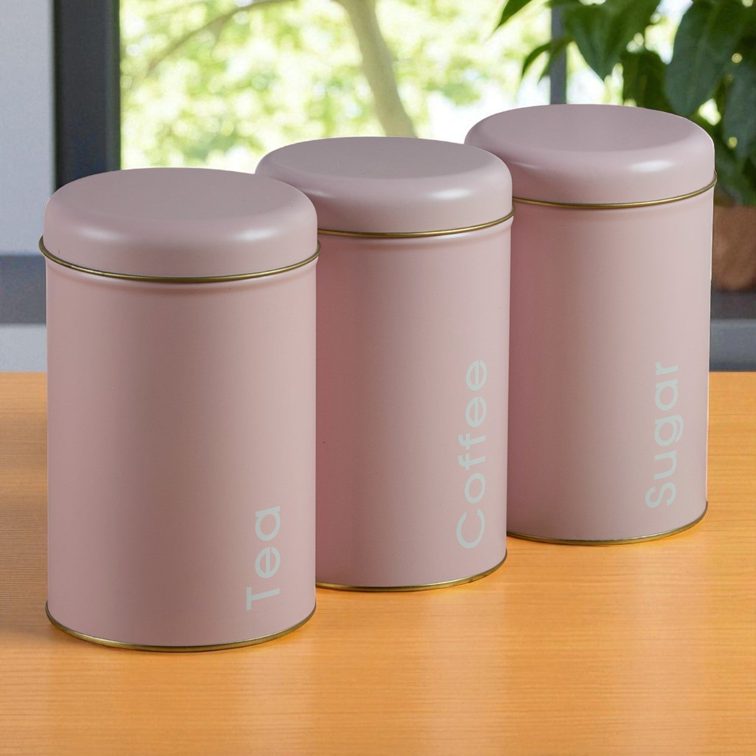 Tin Boxes Set of 3 – Storage Tins for Tea, Sugar & Coffee, Pink (12103)