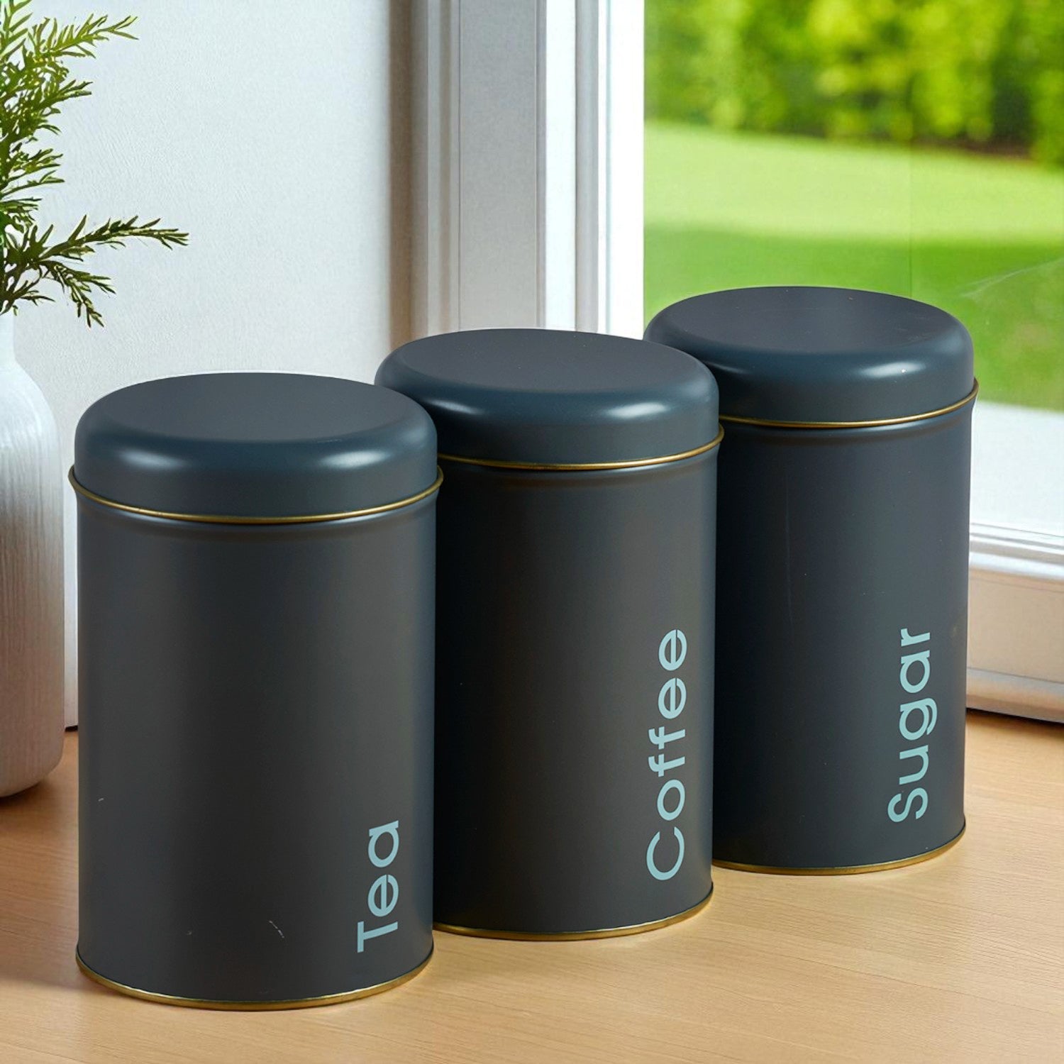 Tin Boxes Set of 3 â€“ Storage Tins for Tea, Sugar & Coffee, Grey (12104)
