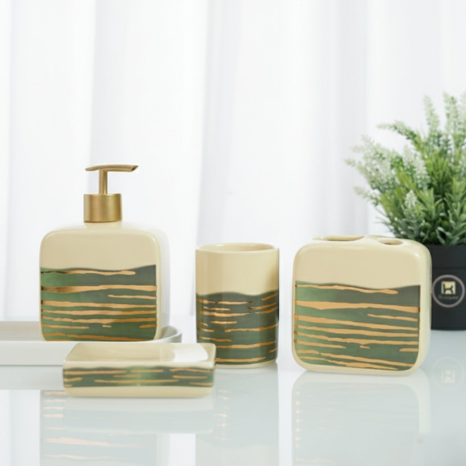Ceramic Bathroom Set of 4 with Soap Dispenser (10074)