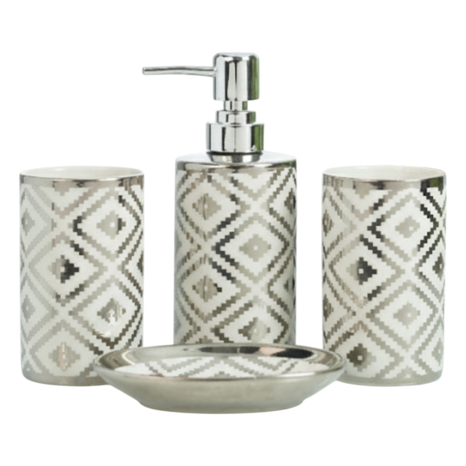 Ceramic Bathroom Set of 4 with Soap Dispenser, Silver (12229)