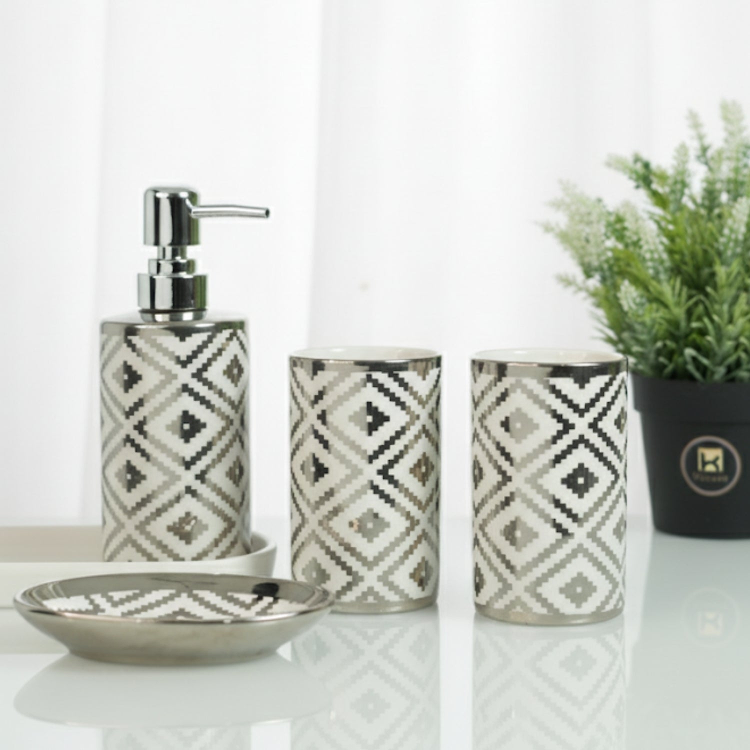 Ceramic Bathroom Set of 4 with Soap Dispenser, Silver (12229)