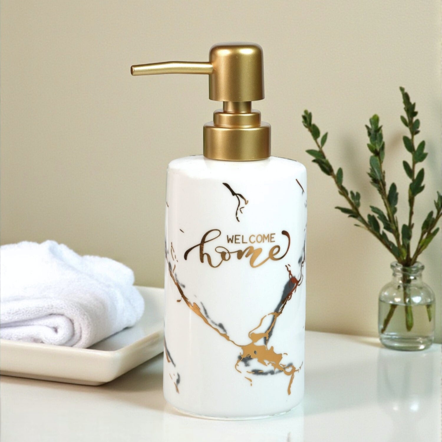 Ceramic Soap Dispenser for handwash for Bathroom, Beige, (Set of 1) (12234)