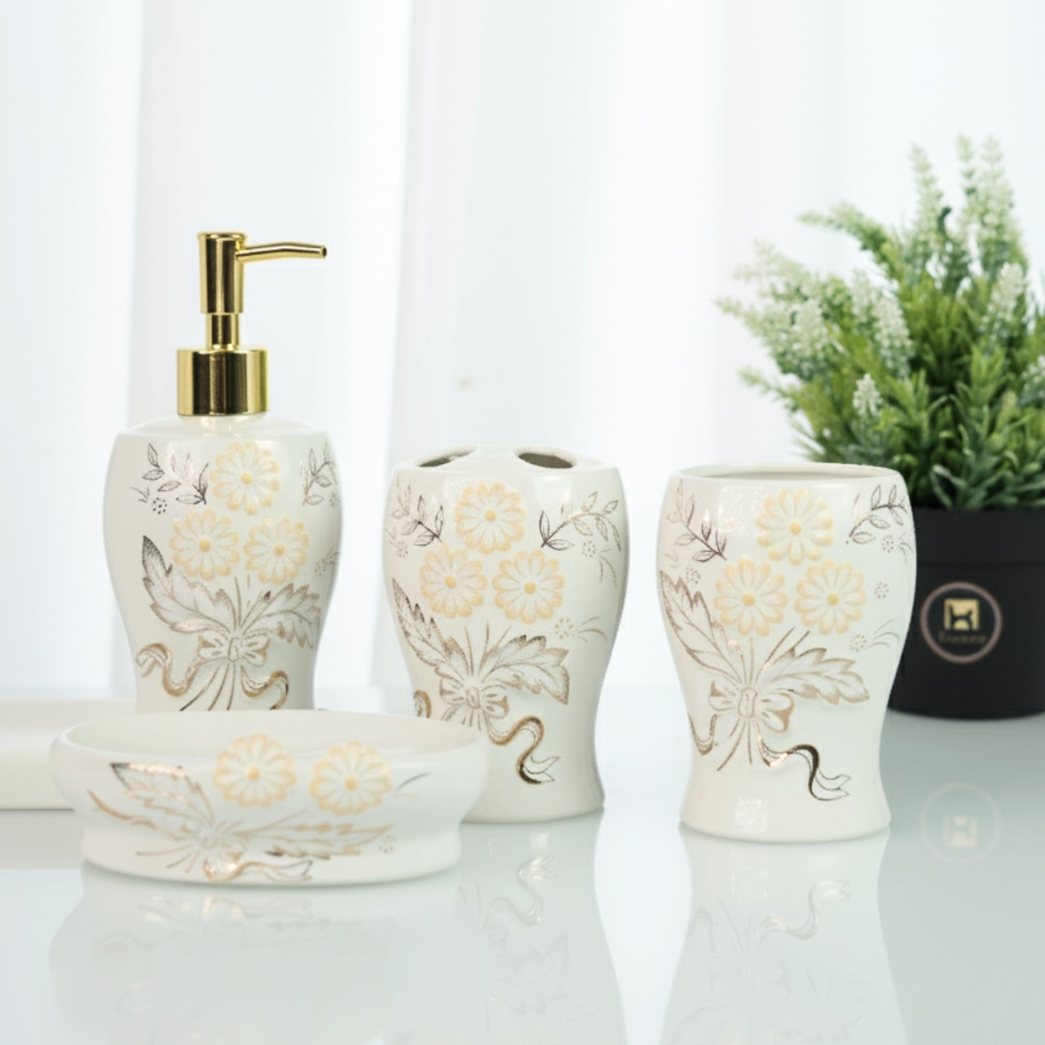 Ceramic Bathroom Accessories Set of 4 with Soap Dispenser, White (12247)